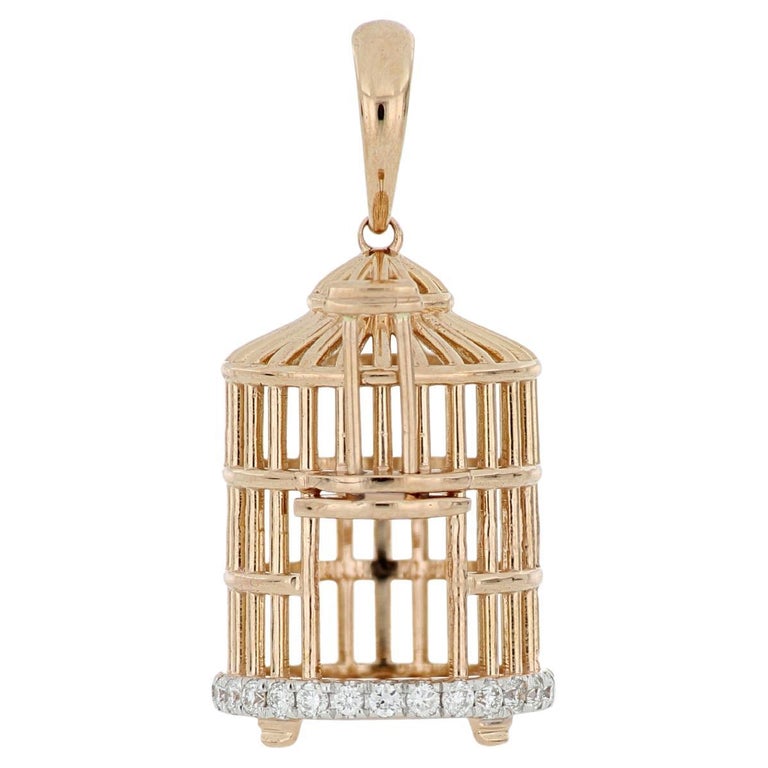 18 Karat Rose Gold Bird Cage Diamond Pendant with Necklace For Sale