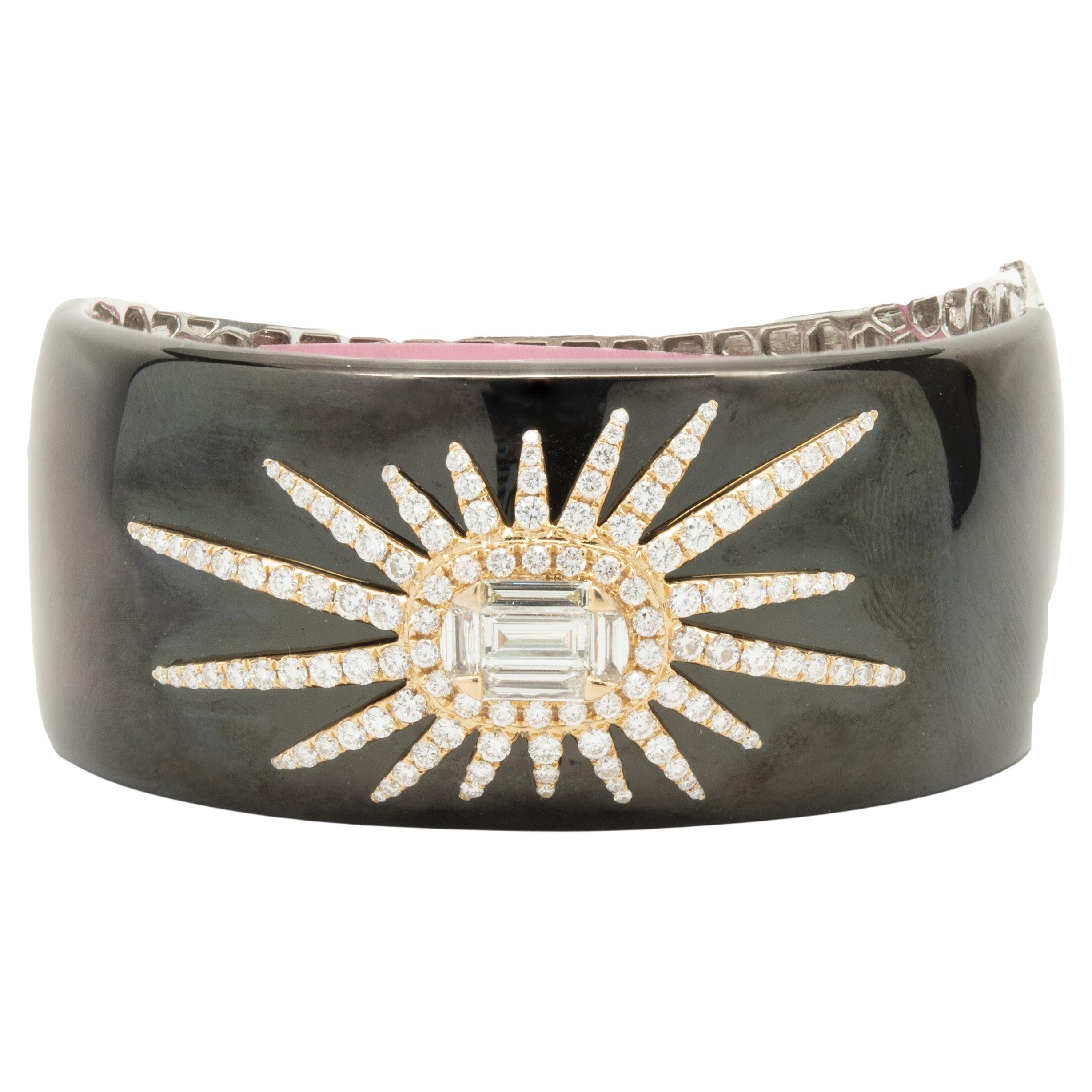 18 Karat Rose Gold, Black Enamel, and Mosaic Set Diamond Star Bangle Bracelet For Sale