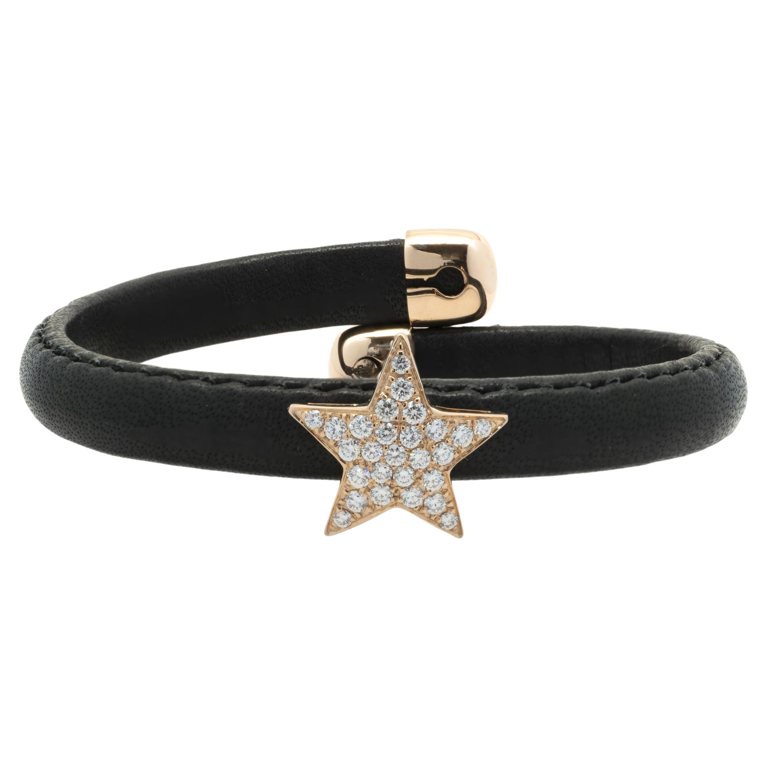 18 Karat Rose Gold Black Leather Diamond Solo Star Wrap Bracelet For Sale