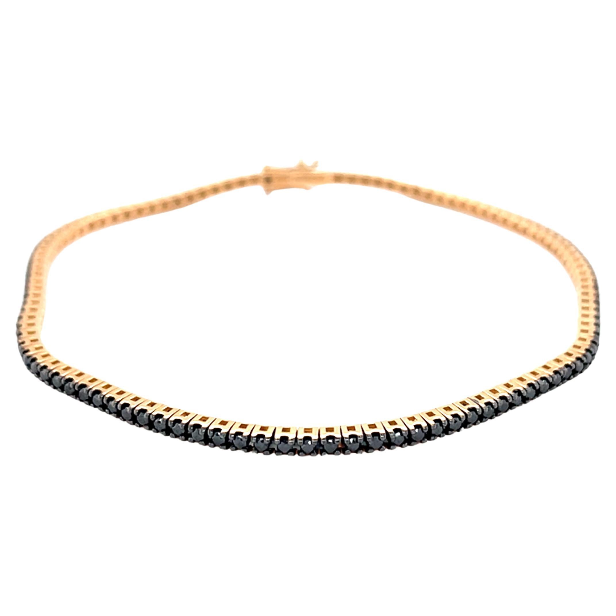 18 Karat Rose Gold Black Round Diamonds Tennis Bracelet For Sale