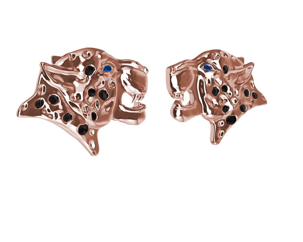 Taille ronde Clous d'oreilles léopard en or rose 18 carats et diamants noirs tachetés en vente