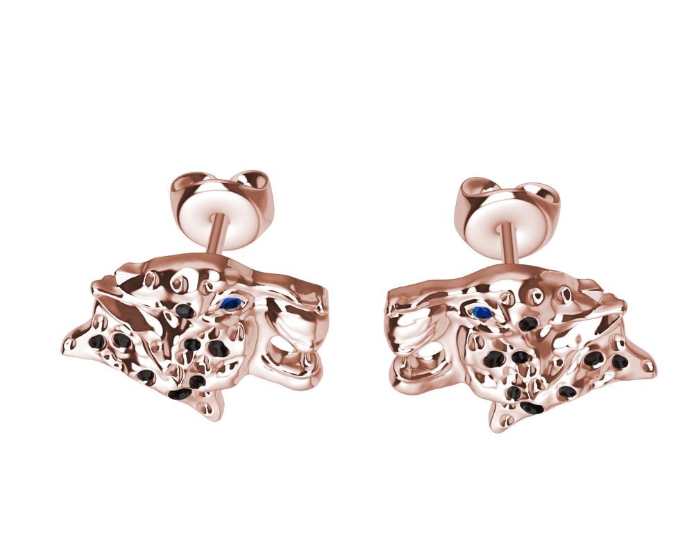 Round Cut 18 Karat Rose Gold Black Spotted Diamonds Leopard Stud Earrings For Sale