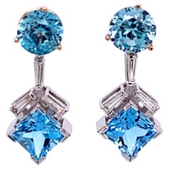 18 Karat Rose Gold Blue Zircon Studs with 18 Karat White Gold Aquamarine Jackets