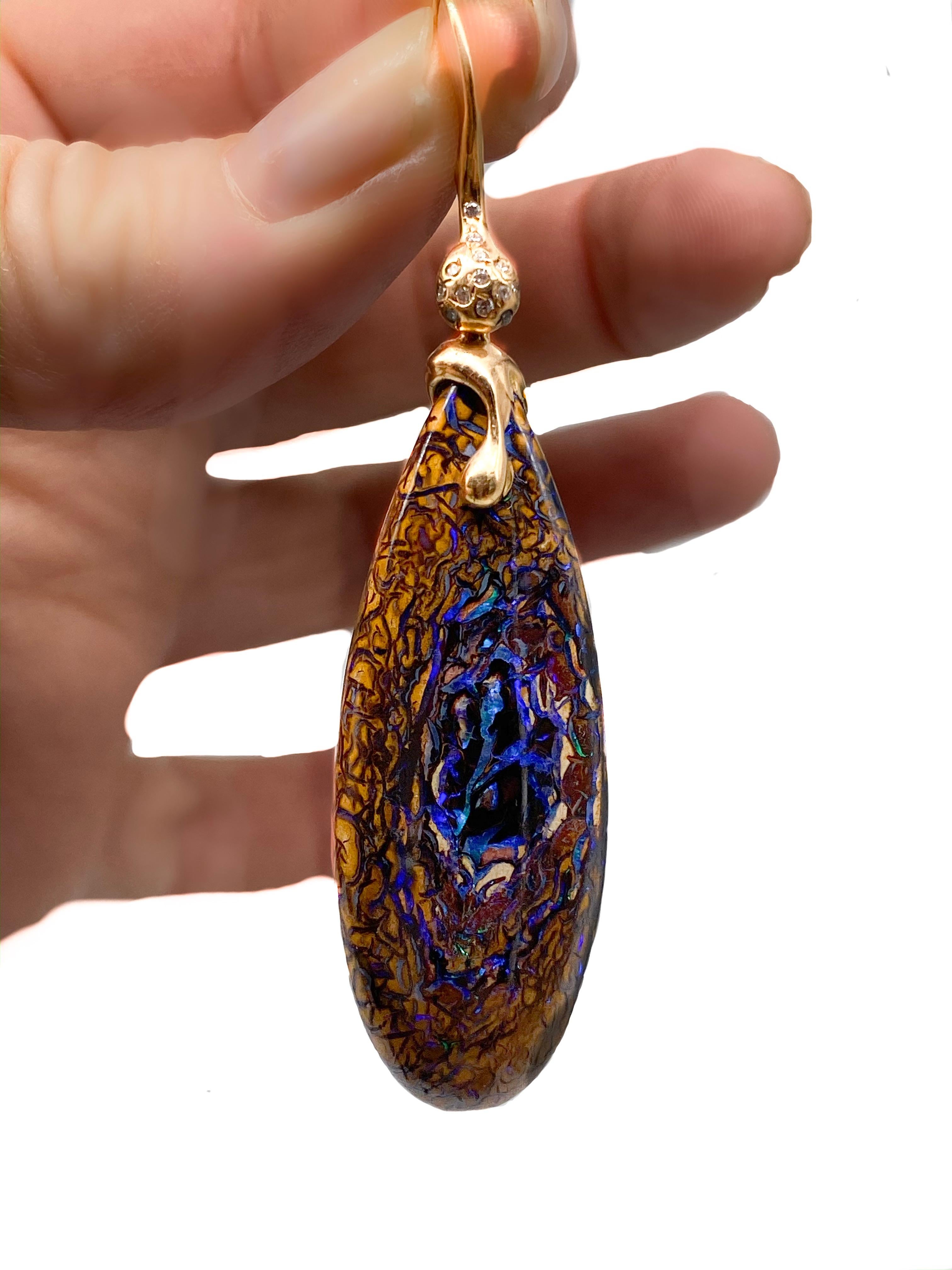 18 Karat Rose Gold Boulder Opal Drop Earrings Diamonds For Sale 3