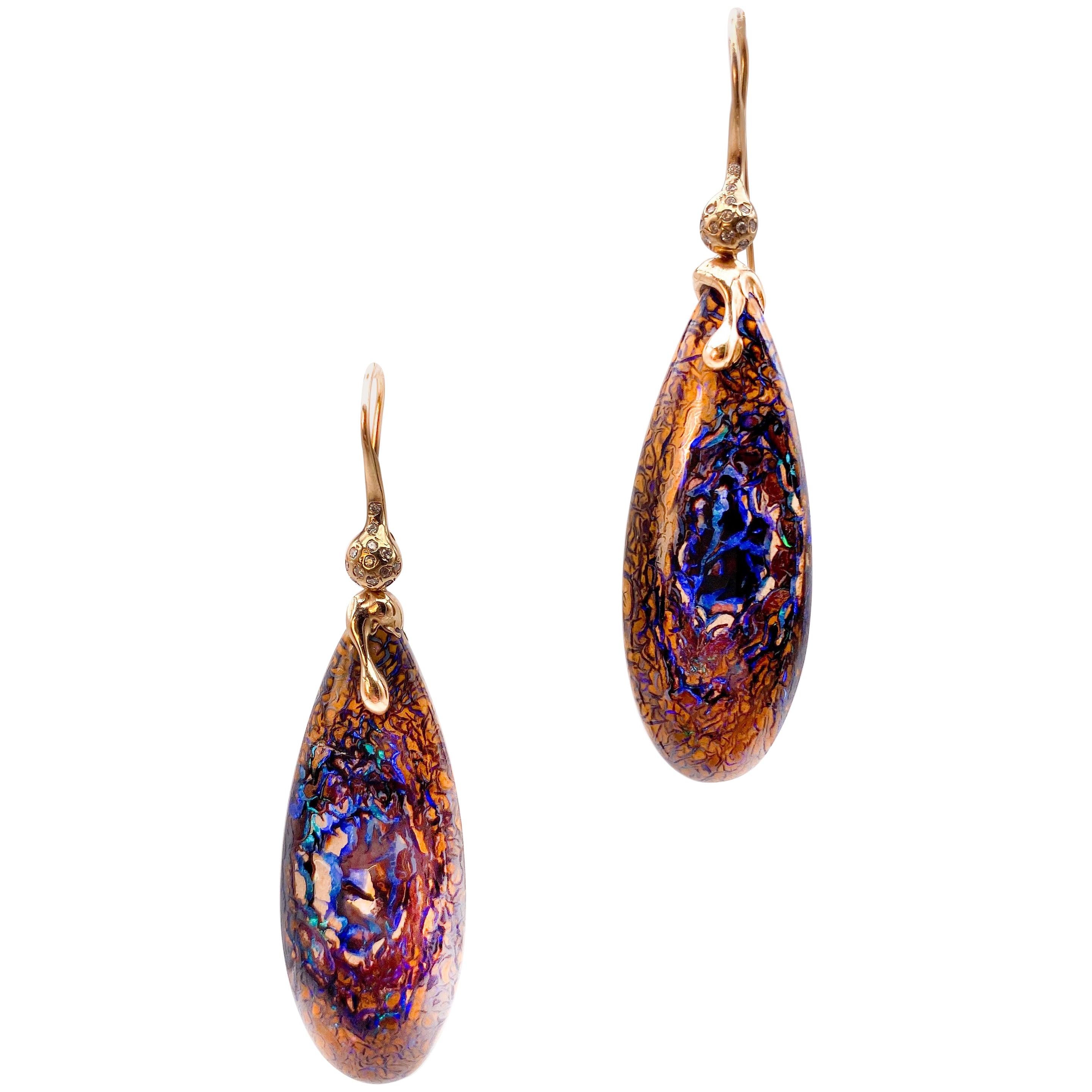 18 Karat Rose Gold Boulder Opal Drop Earrings Diamonds For Sale