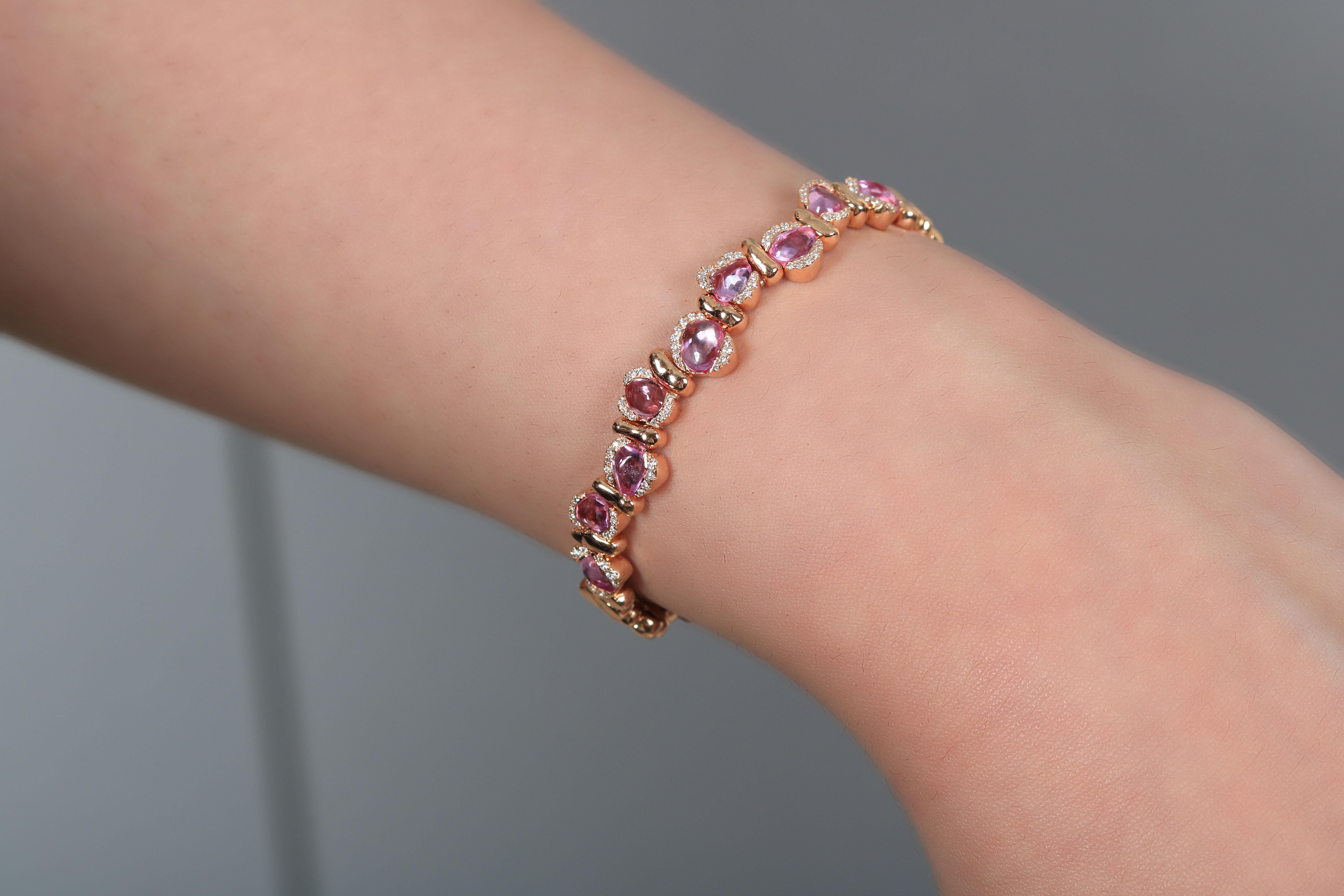 Romantic 18 Karat Rose Gold Bracelet with Pink Sapphires For Sale