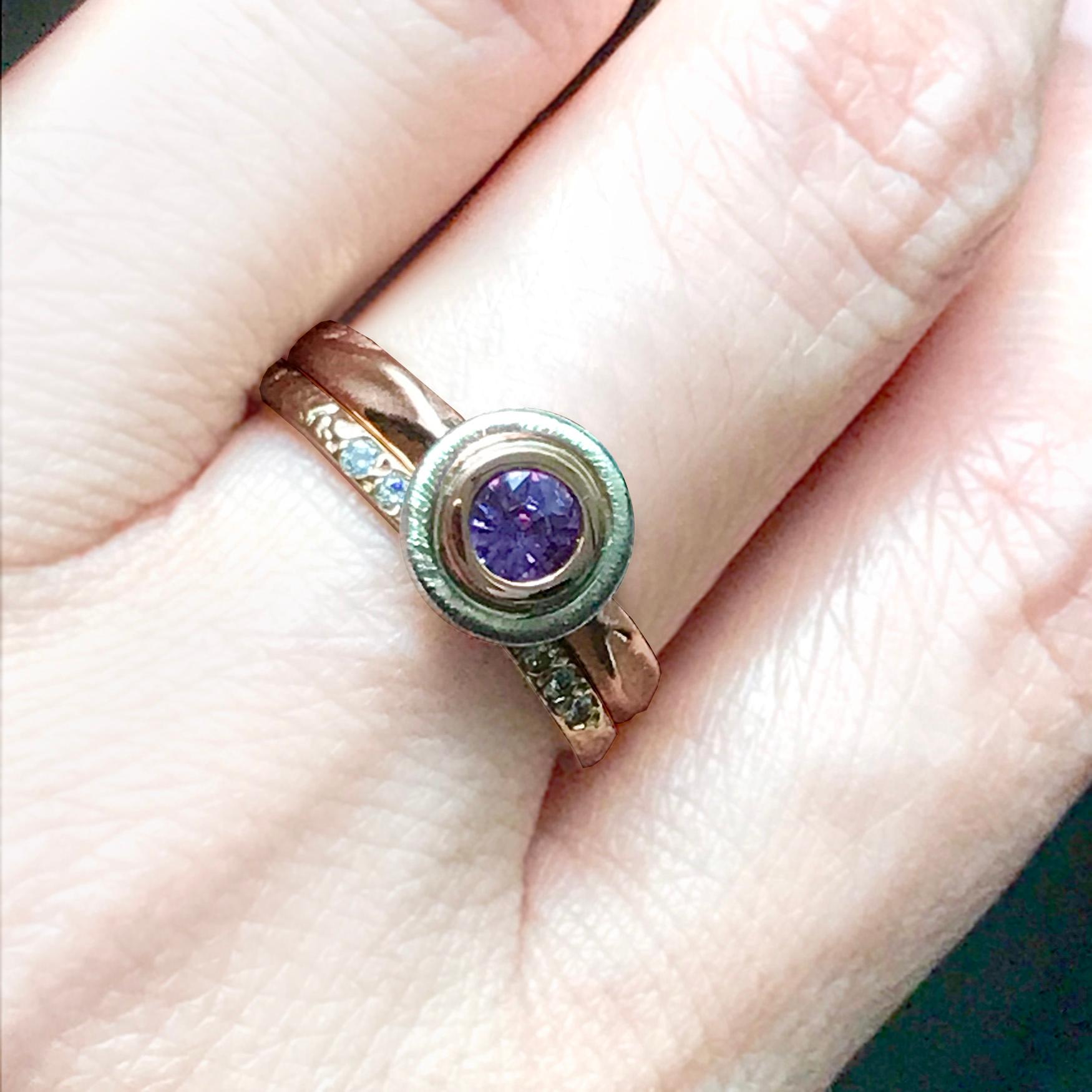 18 Karat Rose Gold Bridal Ring 0.46 Carat Purple Sapphire in 18 Karat White Gold In New Condition For Sale In New York, NY
