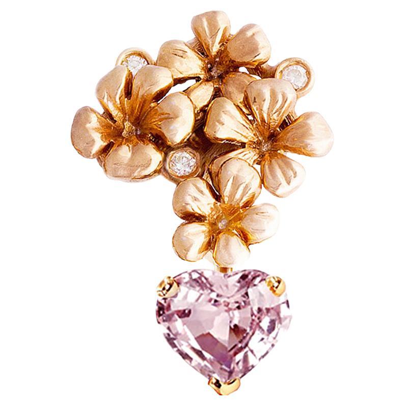 18 Karat Rose Gold Brooch, GGTL Cert. Unheated Heart Cut Padparadscha Sapphire