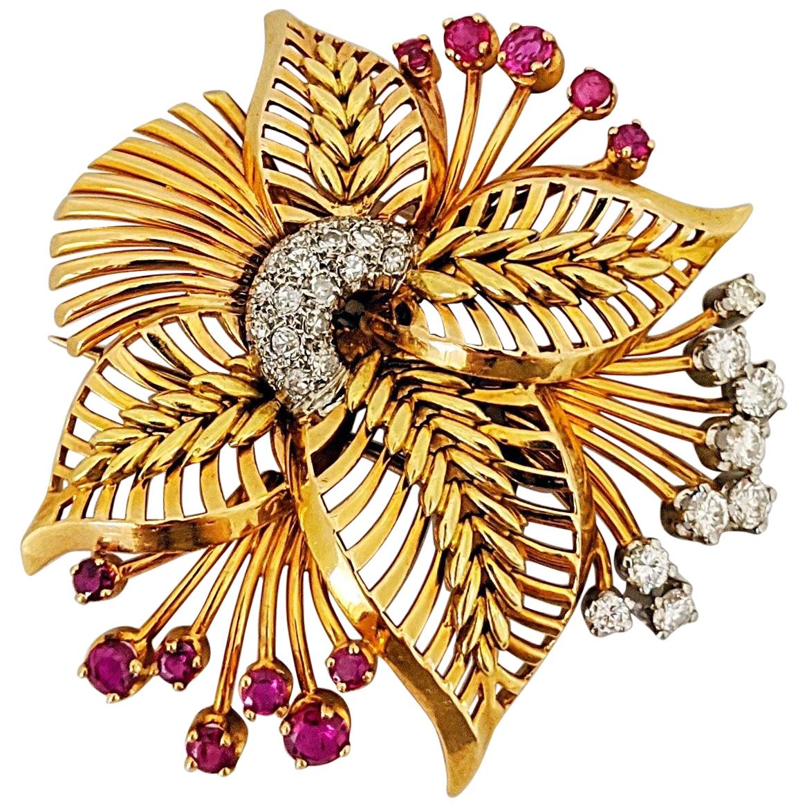 18 Karat Rose Gold Brooch with Diamonds and Rubies, circa 1940s For Sale