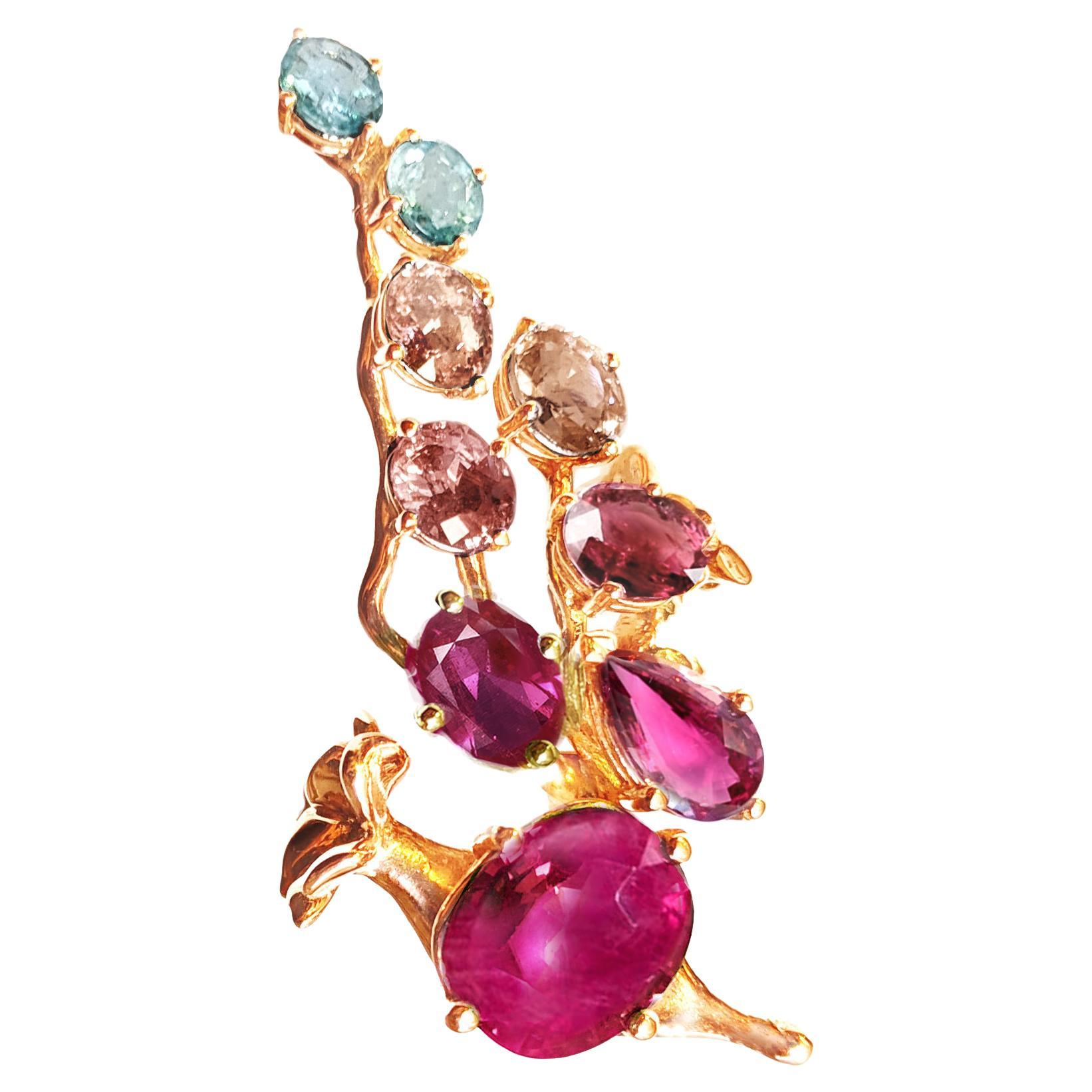 Eighteen Karat Rose Gold Red Sapphire Brooch with Pink Rubies and Malaya Garnets For Sale