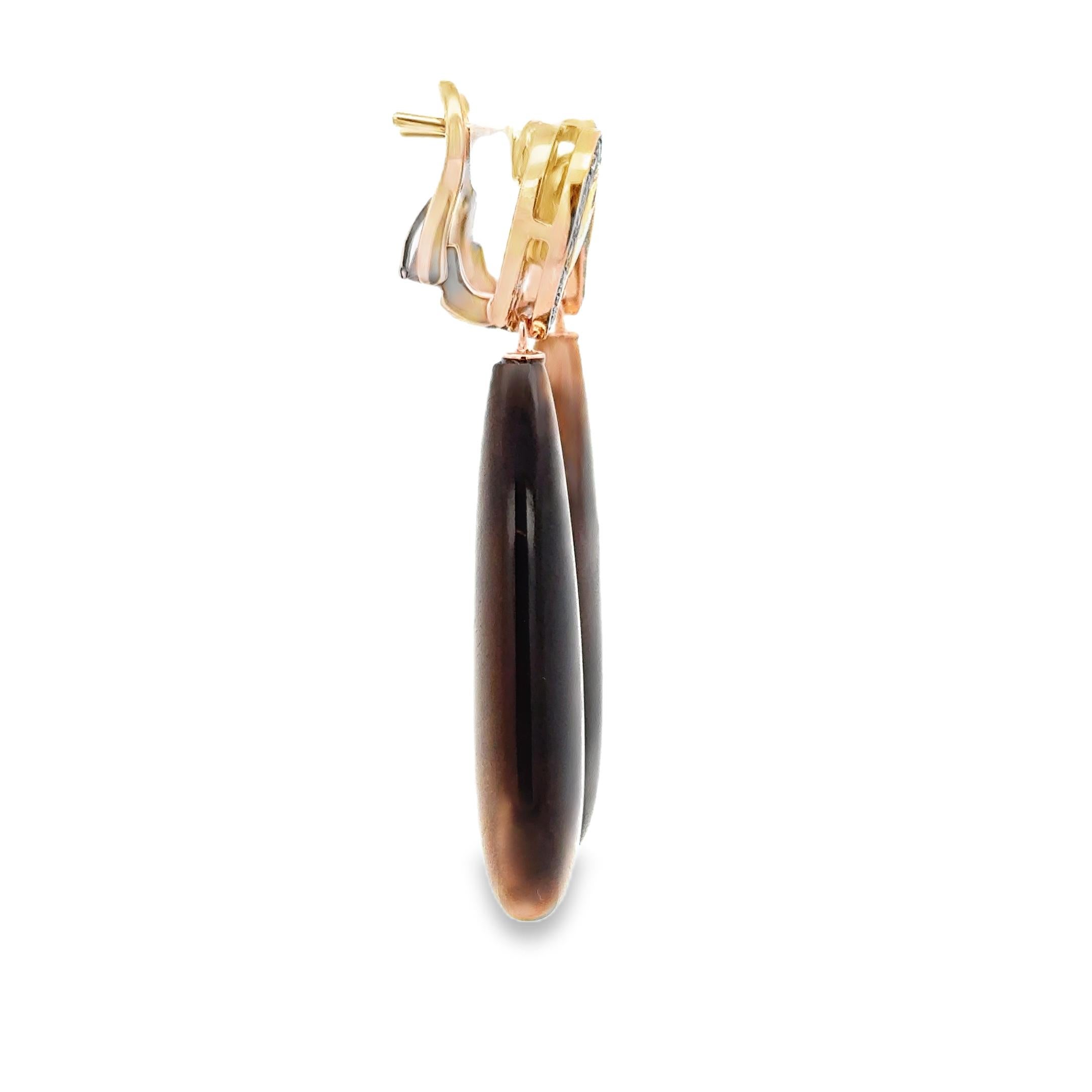 Garavelli  earrings in  very unique and pretty design, in rose gold 18 kt with round brown diamonds to a total carat weight of 0.48 and pearshape drops in tiger eye  for ct 54 in 18kt gold  grs : 7.90
 Made in Italy in Valenza

Garavelli 18K Rose