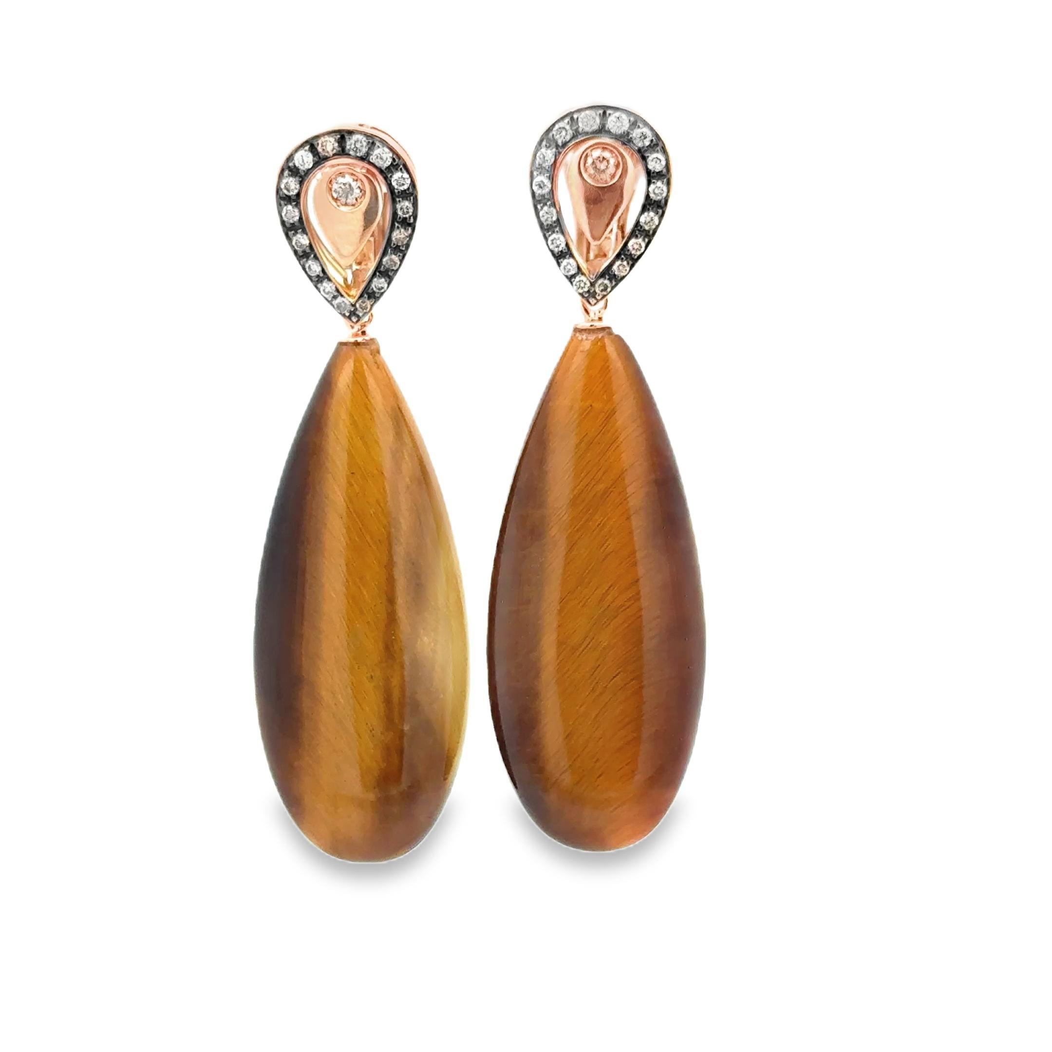 Contemporary 18 Karat Rose Gold Brown Diamonds and Tiger Eye  Garavelli  Drop Earrings For Sale