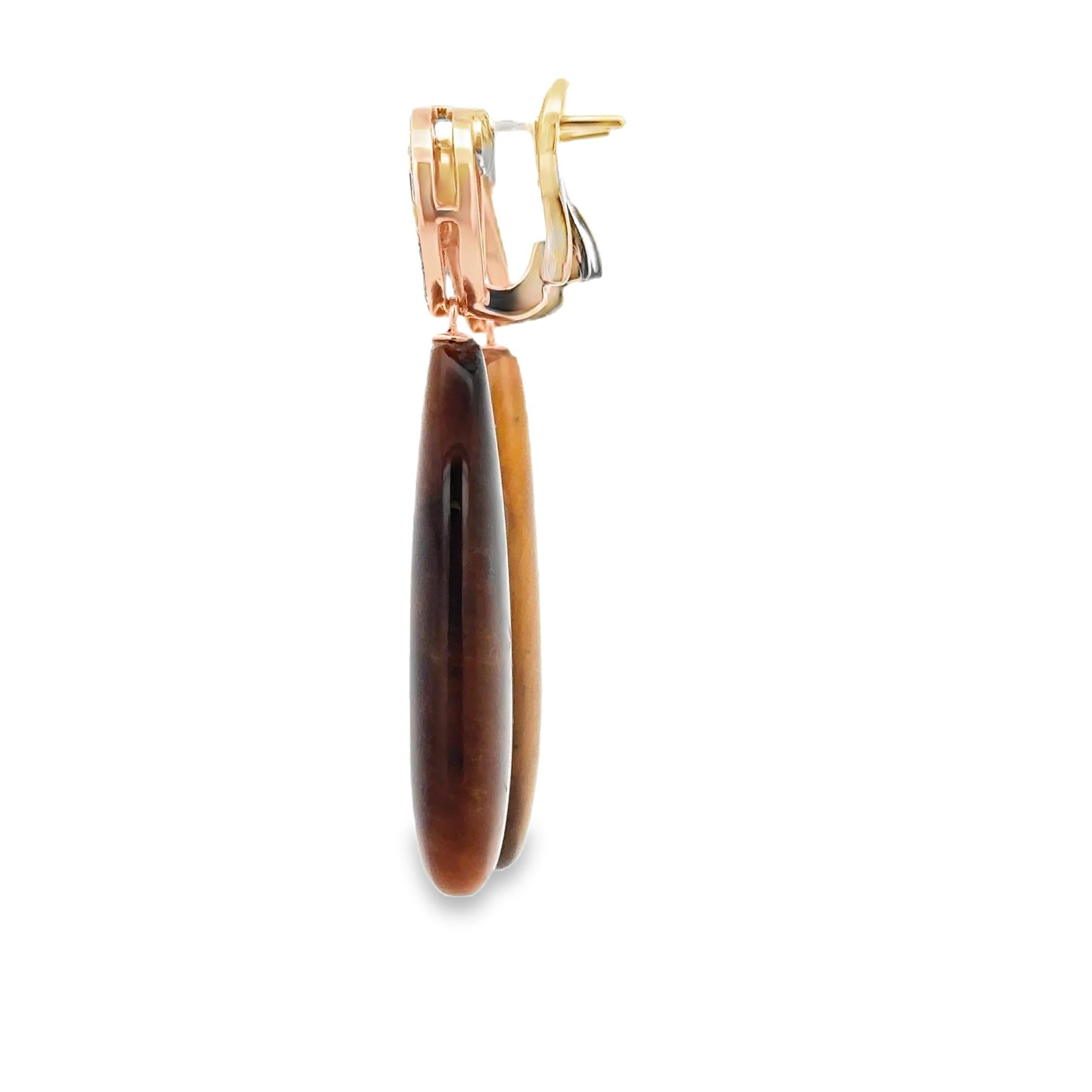 Round Cut 18 Karat Rose Gold Brown Diamonds and Tiger Eye  Garavelli  Drop Earrings For Sale