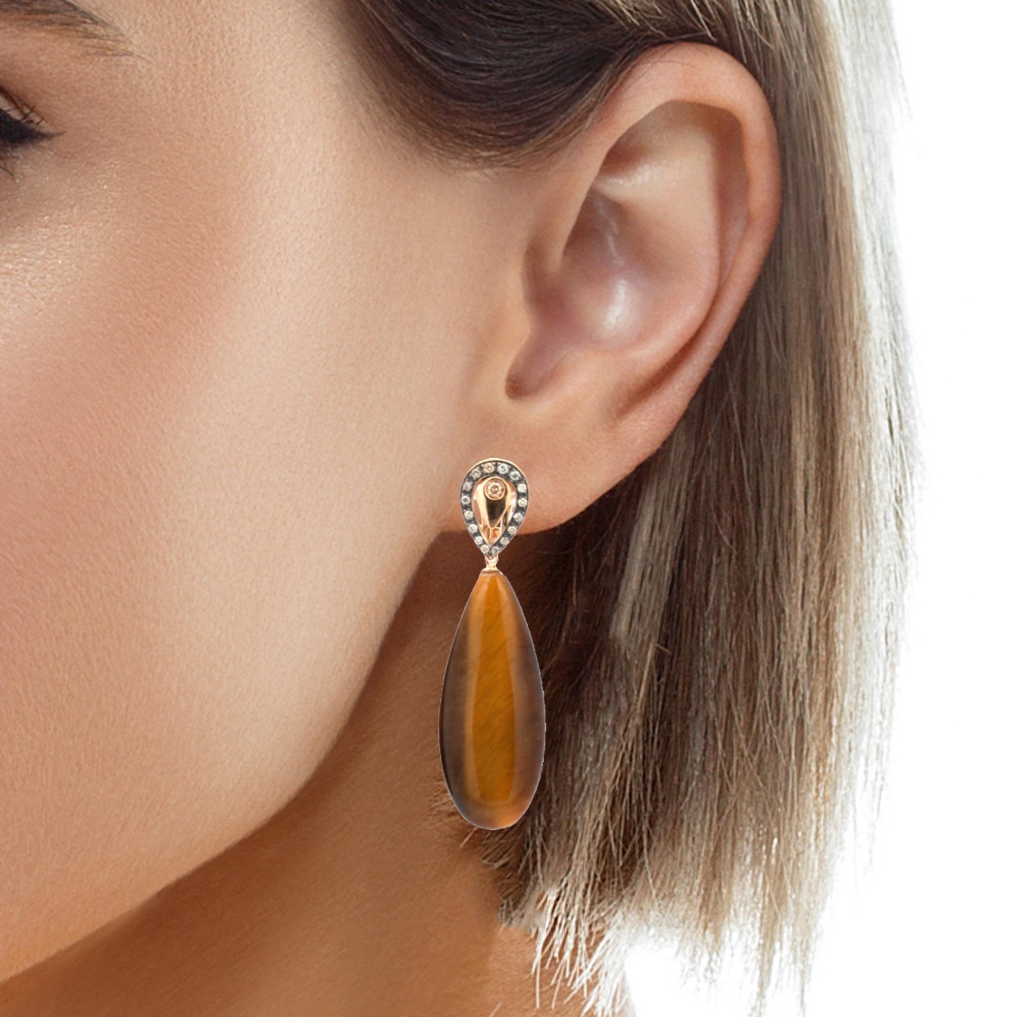 Women's 18 Karat Rose Gold Brown Diamonds and Tiger Eye  Garavelli  Drop Earrings For Sale