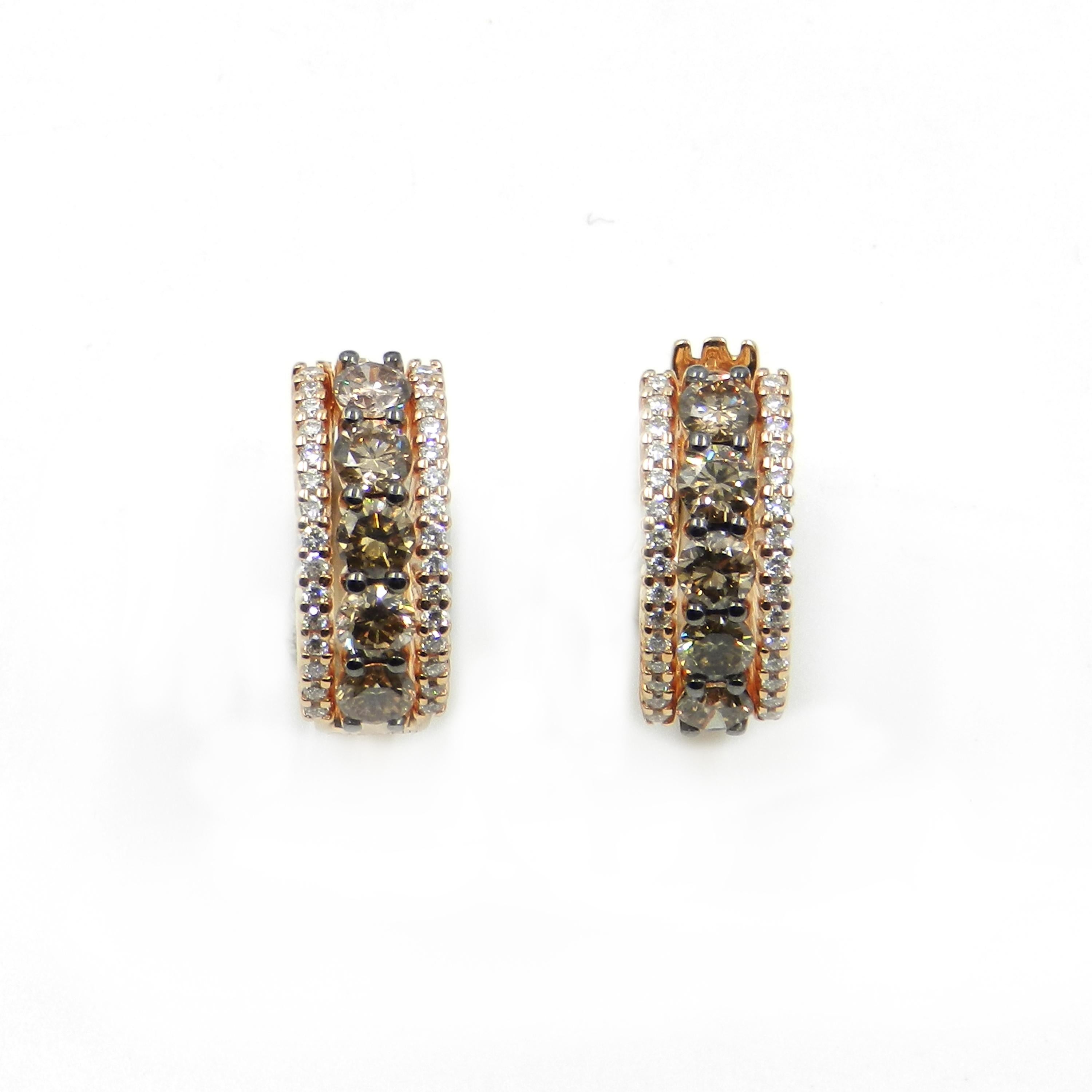 18 Karat Rose Gold Brown Diamonds and White Diamonds Garavelli Huggie Earrings In New Condition In Valenza, IT