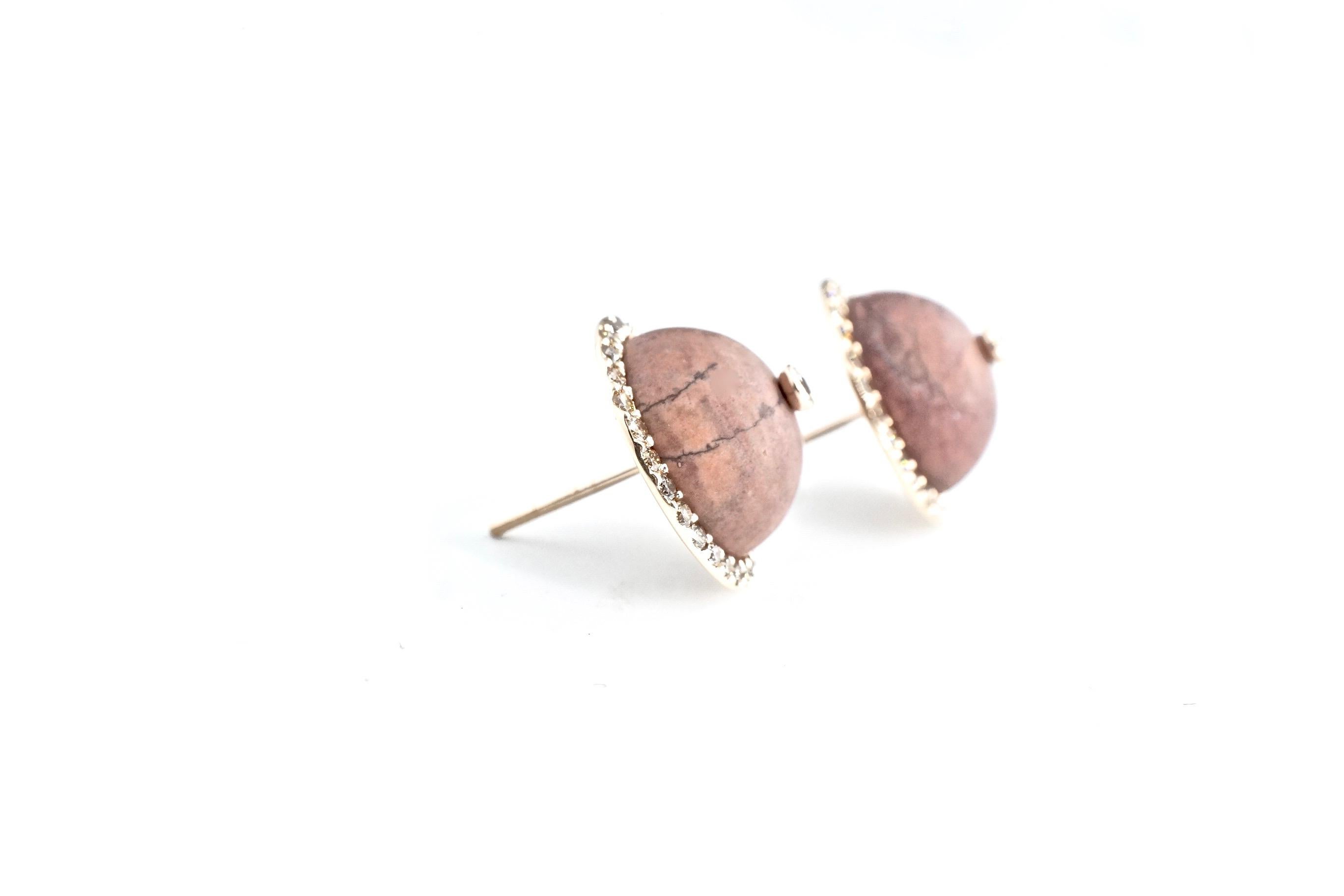 Sharon Khazzam 18K Rose Gold Brown Jasper and Brown Diamond Martha Stud Earrings In New Condition For Sale In Great Neck, NY