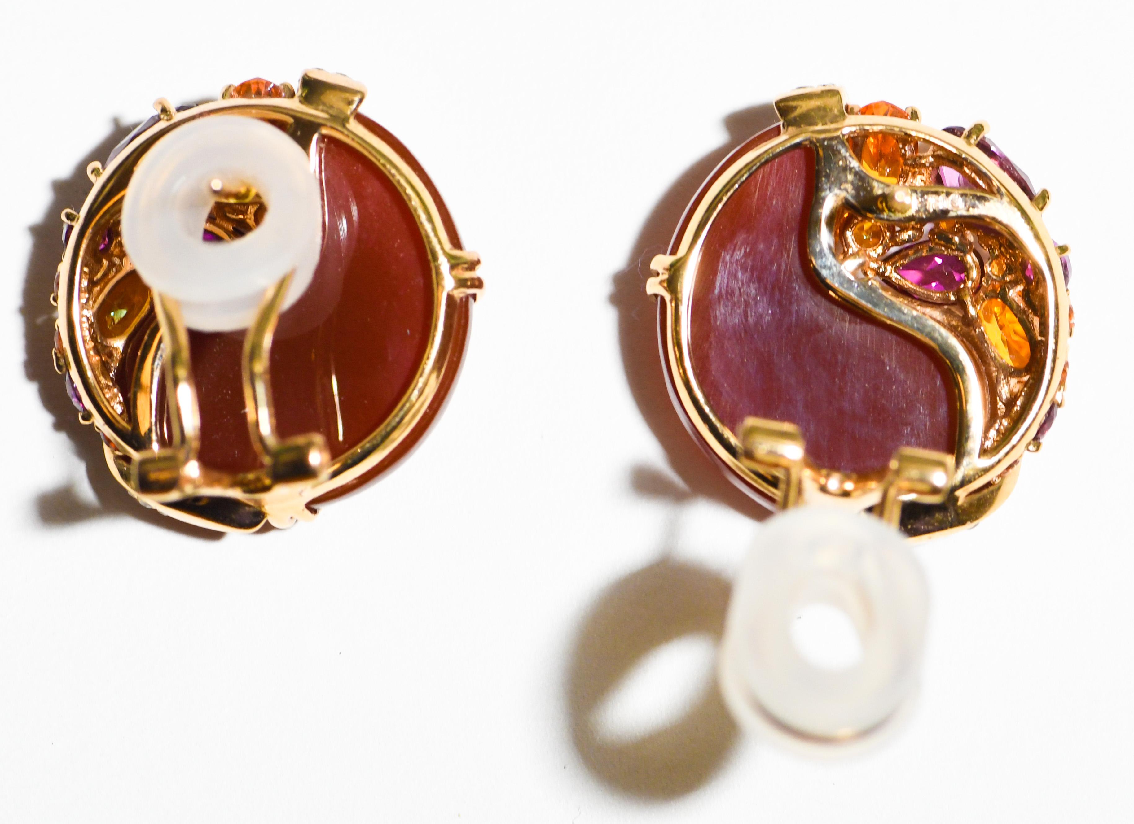 Contemporary 18 Karat Rose Gold Button Style Pierced Earring Orange Topaz, Diamonds, Rubelite For Sale
