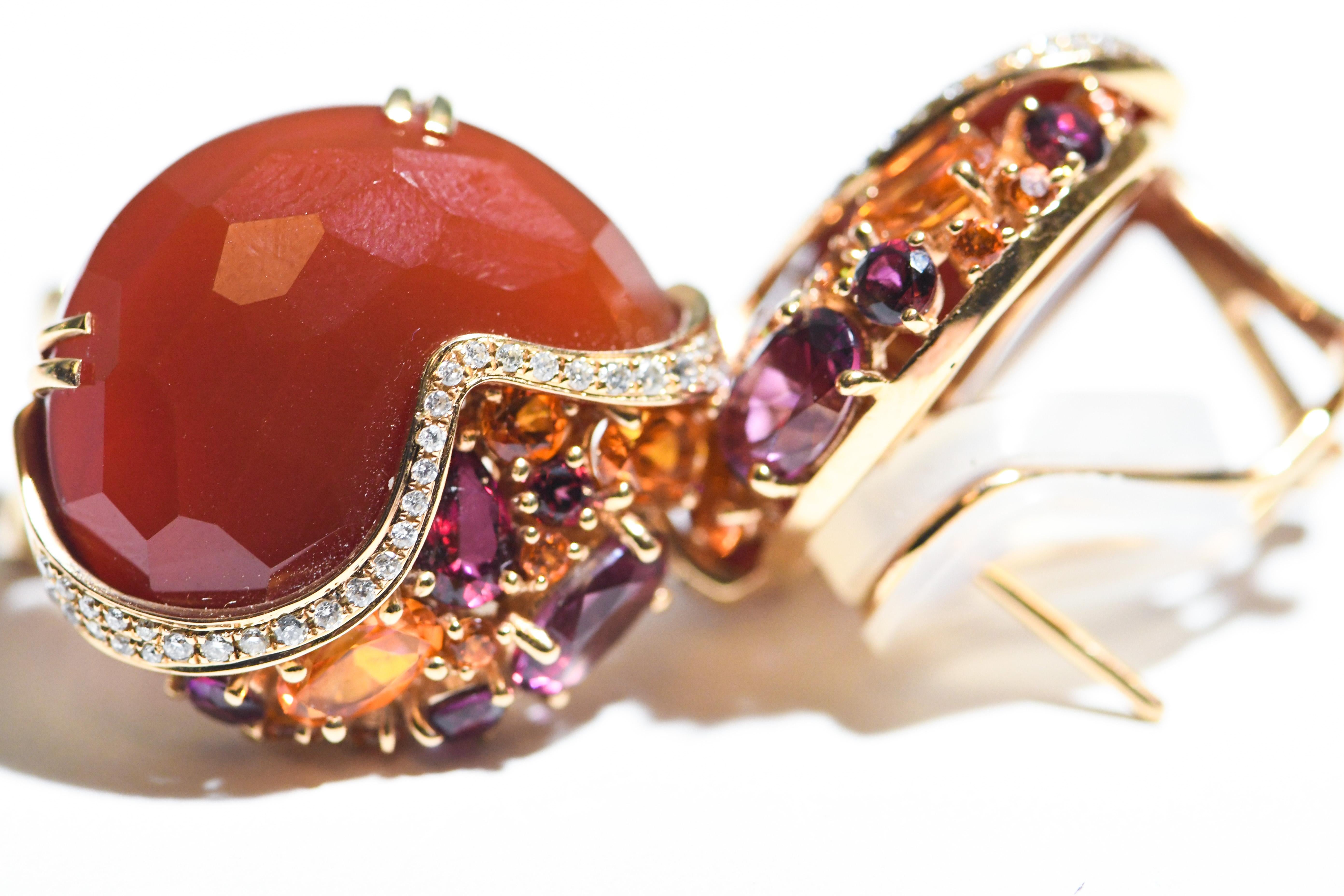 Oval Cut 18 Karat Rose Gold Button Style Pierced Earring Orange Topaz, Diamonds, Rubelite For Sale