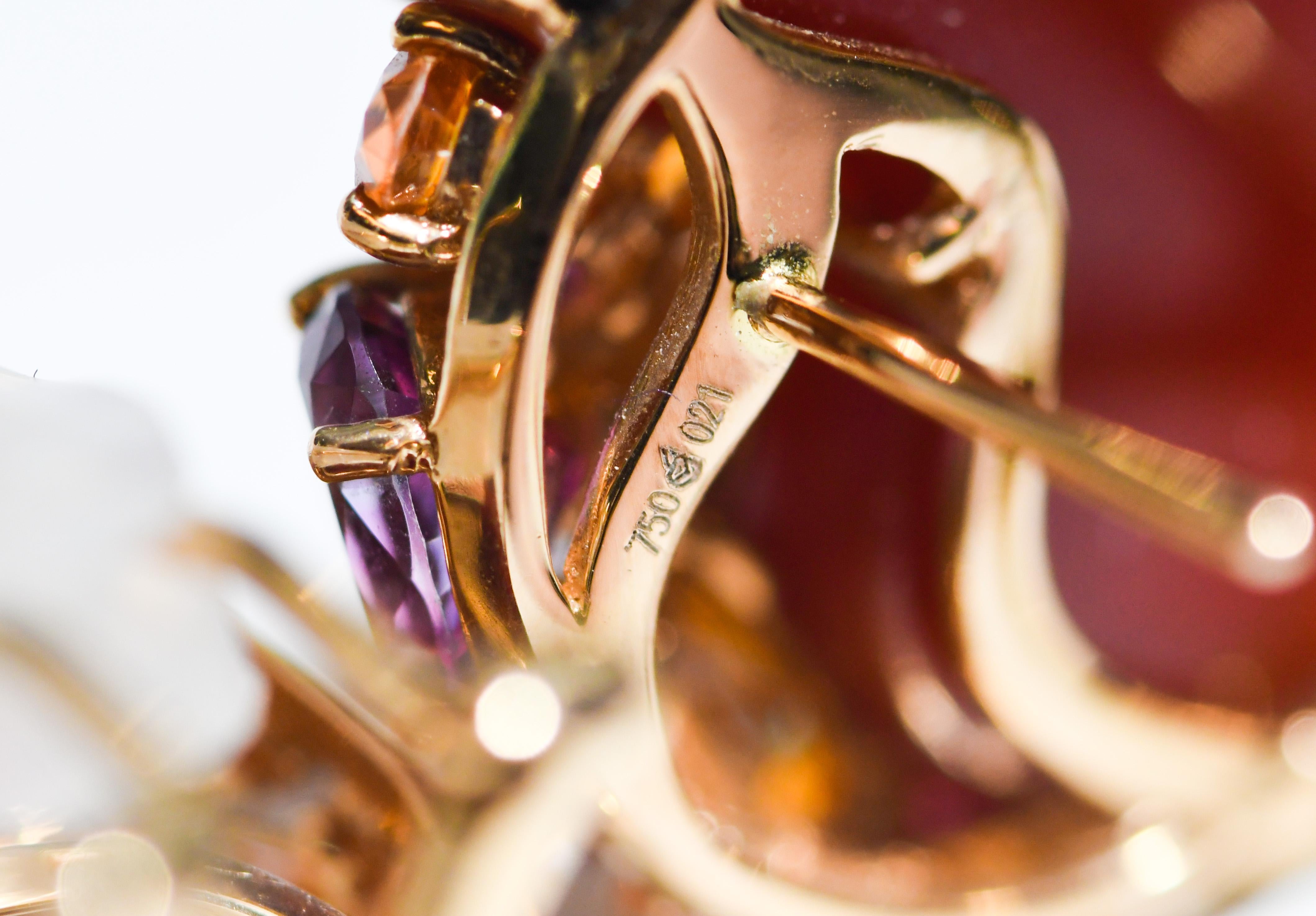 18 Karat Rose Gold Button Style Pierced Earring Orange Topaz, Diamonds, Rubelite In New Condition For Sale In Palm Beach, FL