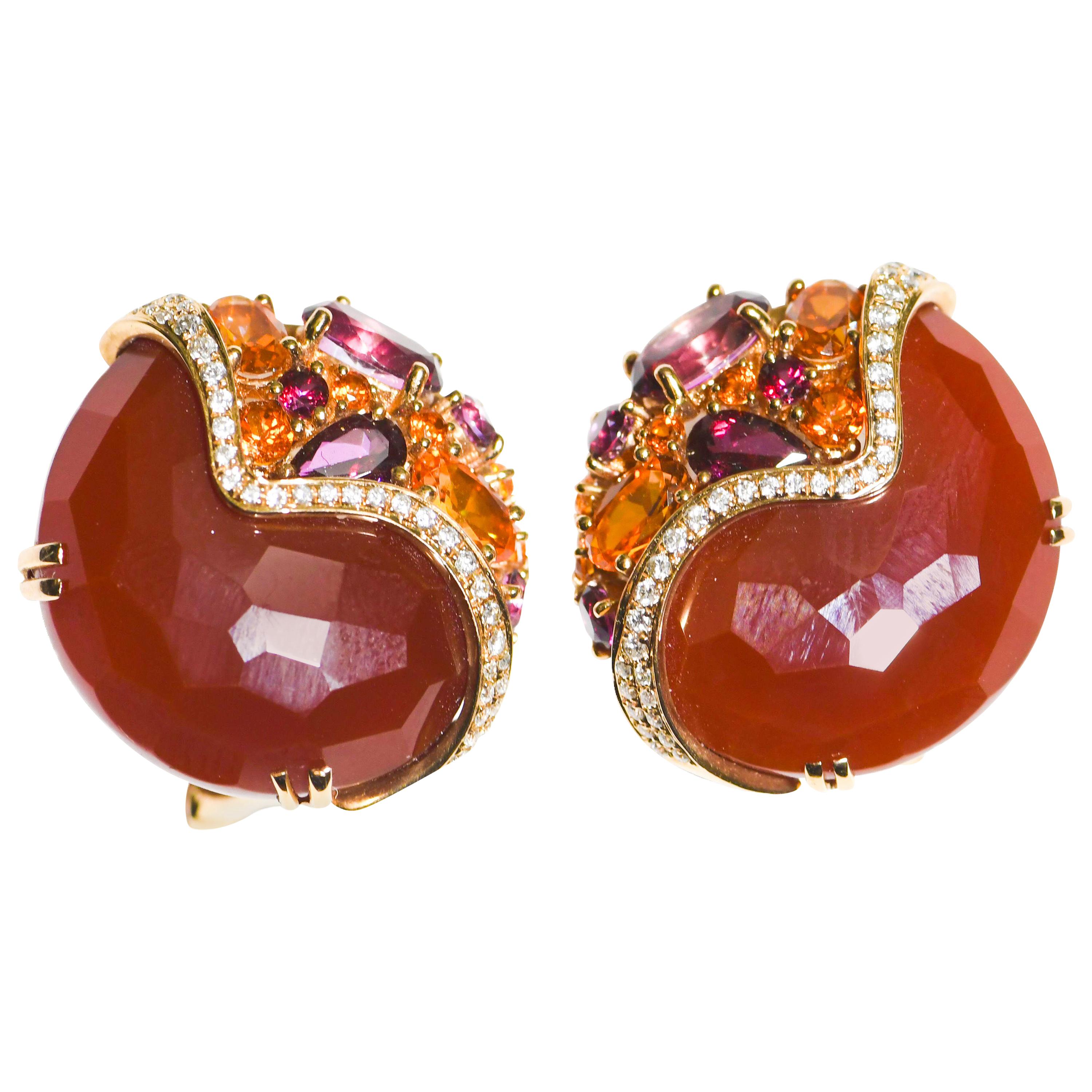 18 Karat Rose Gold Button Style Pierced Earring Orange Topaz, Diamonds, Rubelite For Sale