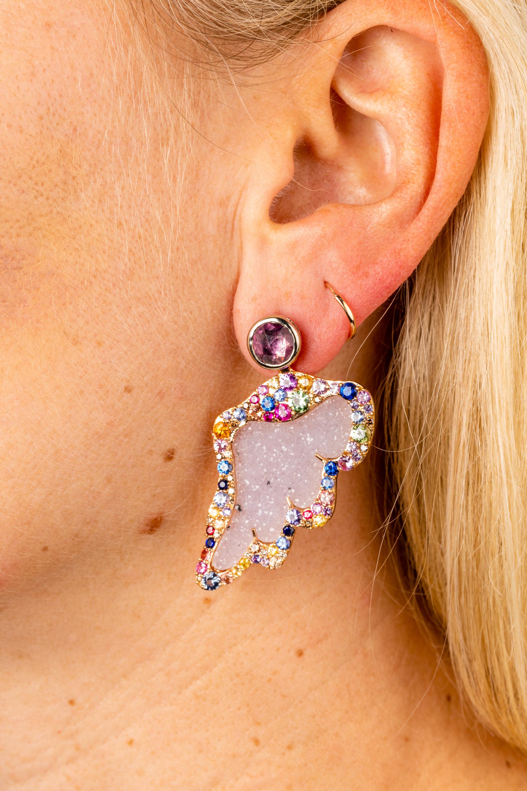 Women's 18 Karat Rose Gold Carved Druzy Wing Jackets and Pink Sapphire Studs
