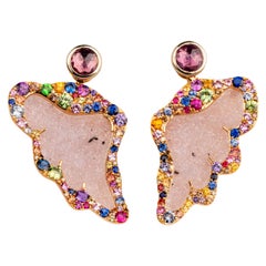 18 Karat Rose Gold Carved Druzy Wing Jackets and Pink Sapphire Studs