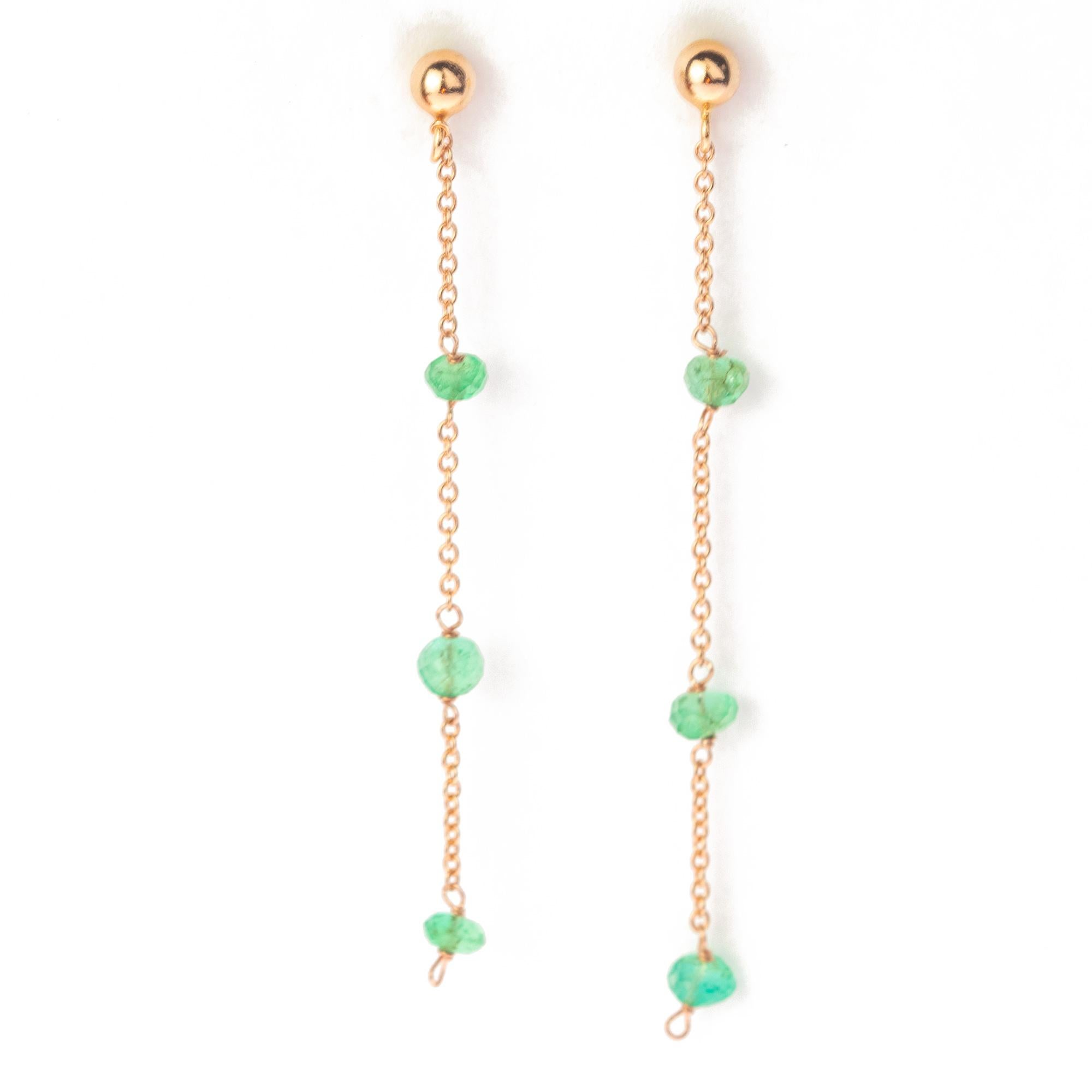 Art Nouveau 18 Karat Rose Gold Chain Emerald Rondelles Handmade Long Dangle Earrings For Sale
