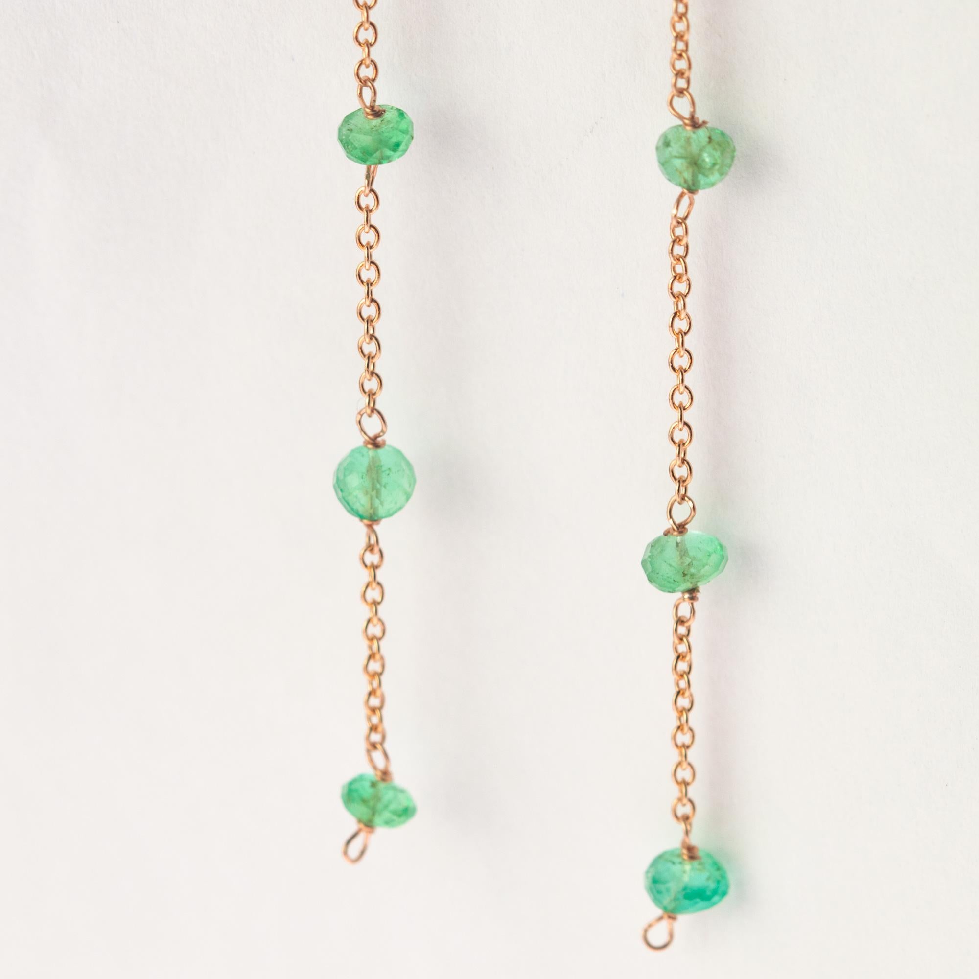 Bead 18 Karat Rose Gold Chain Emerald Rondelles Handmade Long Dangle Earrings For Sale