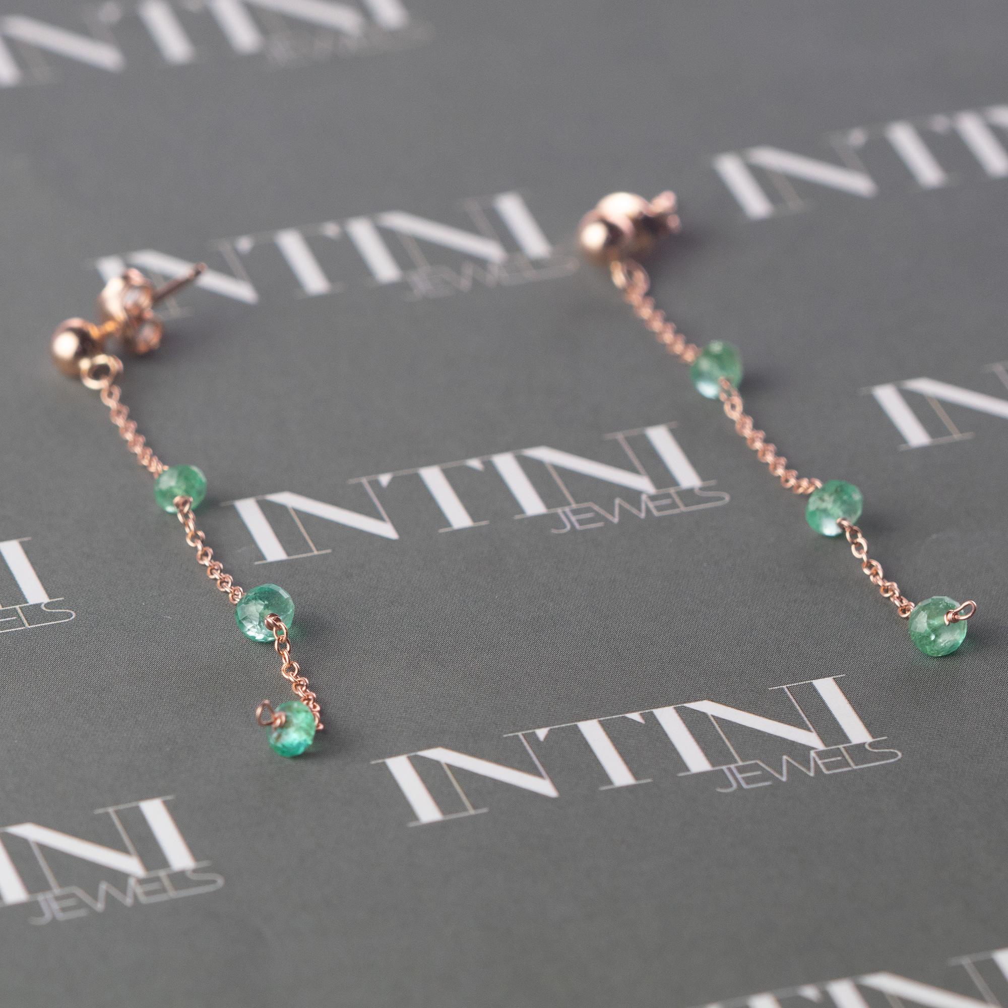 Women's 18 Karat Rose Gold Chain Emerald Rondelles Handmade Long Dangle Earrings For Sale