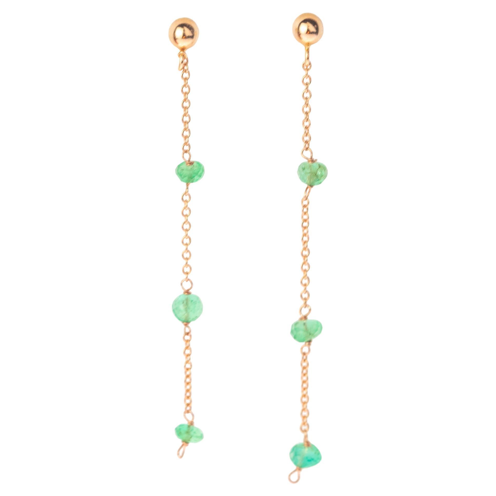 18 Karat Rose Gold Chain Emerald Rondelles Handmade Long Dangle Earrings