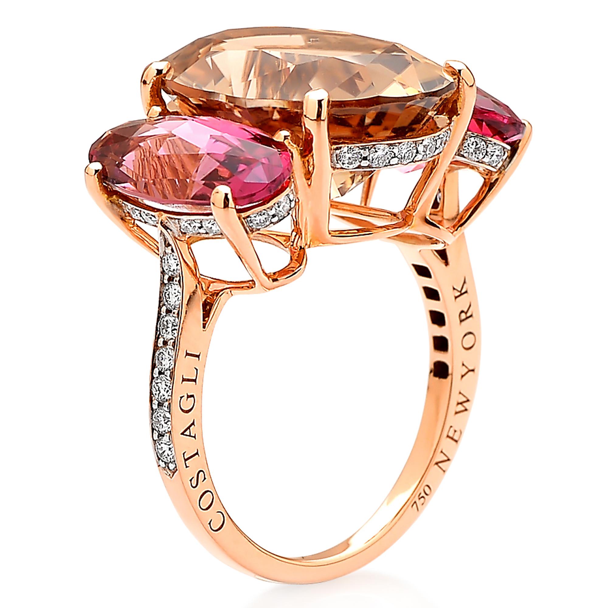 Contemporary Paolo Costagli 18KT Rose Gold Champagne and Pink Tourmaline Ring with Diamond