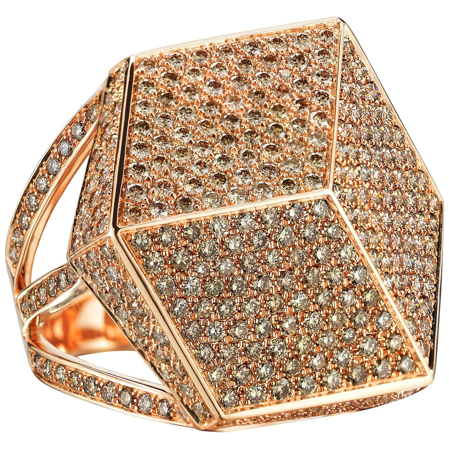 Paolo Costagli 18 Karat Rose Gold Champagne Diamond Brillante Cocktail Ring For Sale