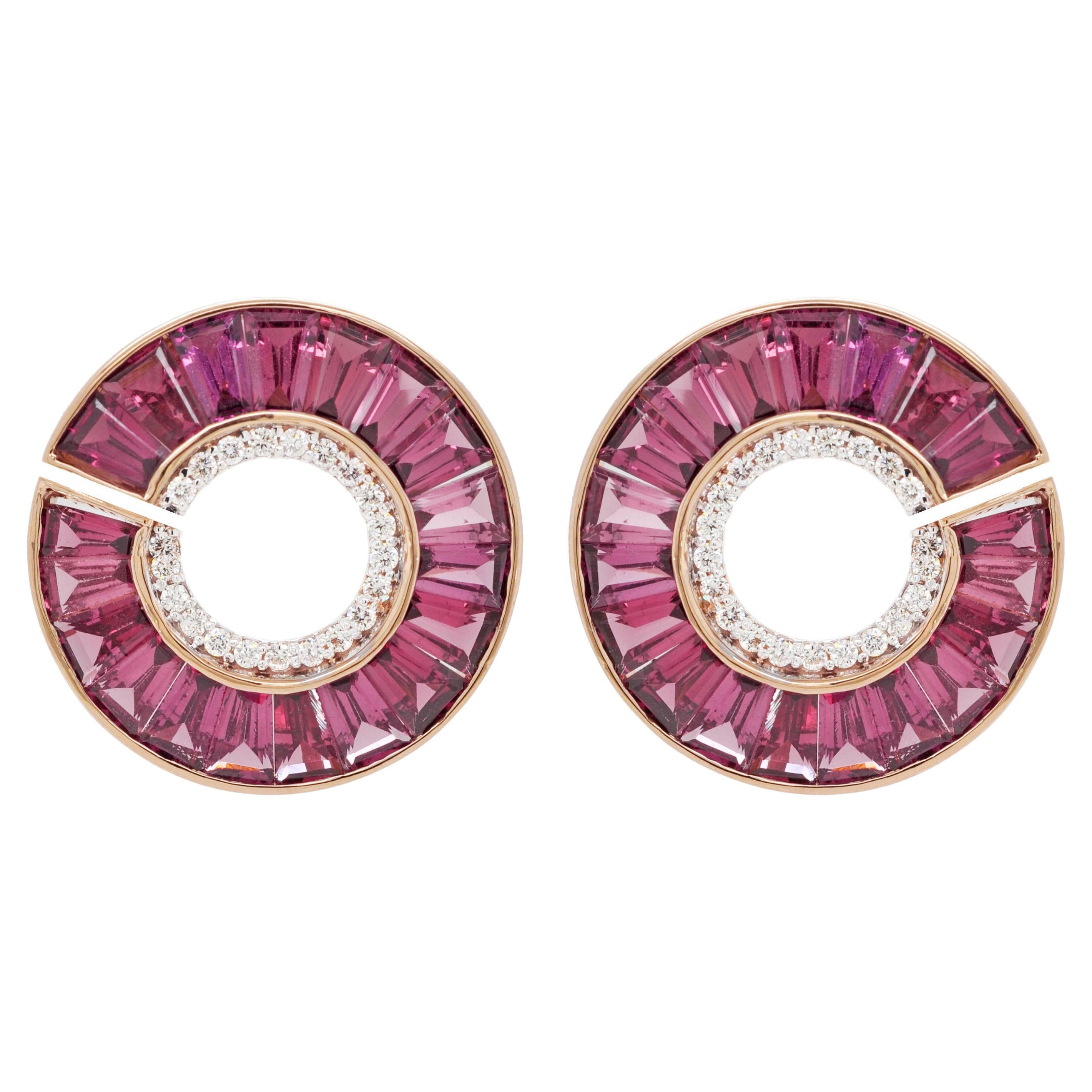 18 Karat Rose Gold Channel Set Rhodolite Tapered Baguettes Curve Stud Earrings