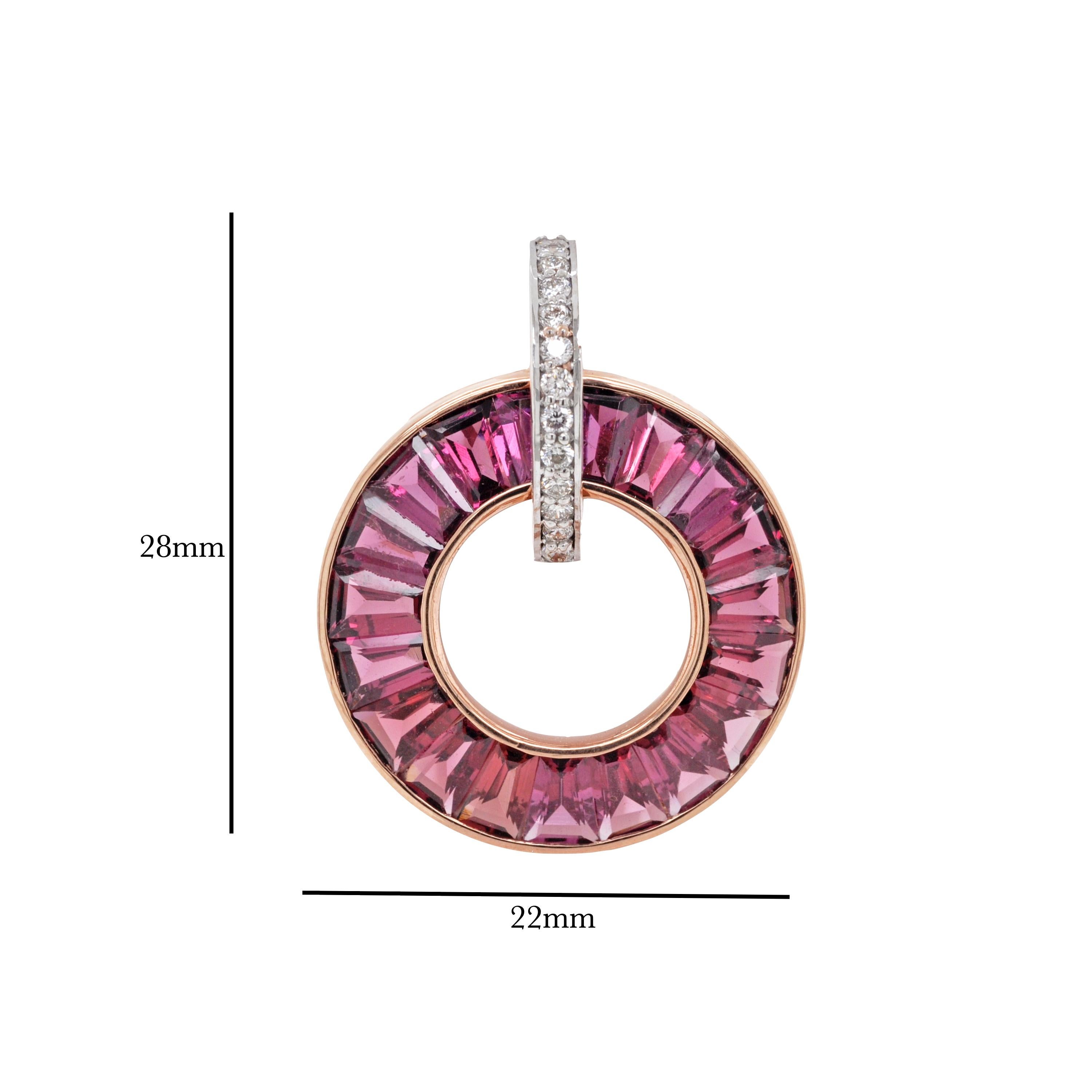 Women's 18 Karat Rose Gold Channel Set Taper Baguette Rhodolite Diamond Circle Pendant  For Sale