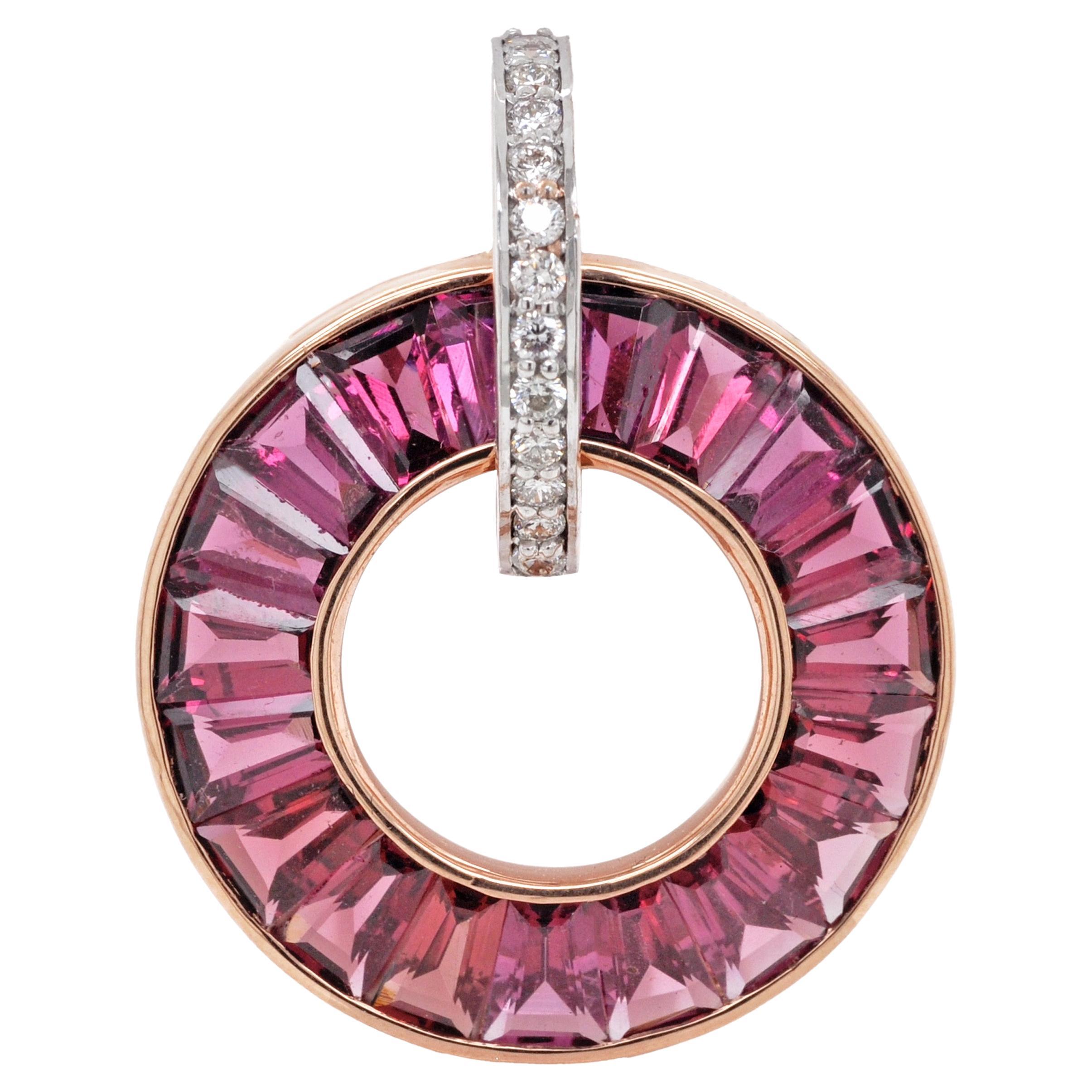 18 Karat Rose Gold Channel Set Taper Baguette Rhodolite Diamond Circle Pendant  For Sale