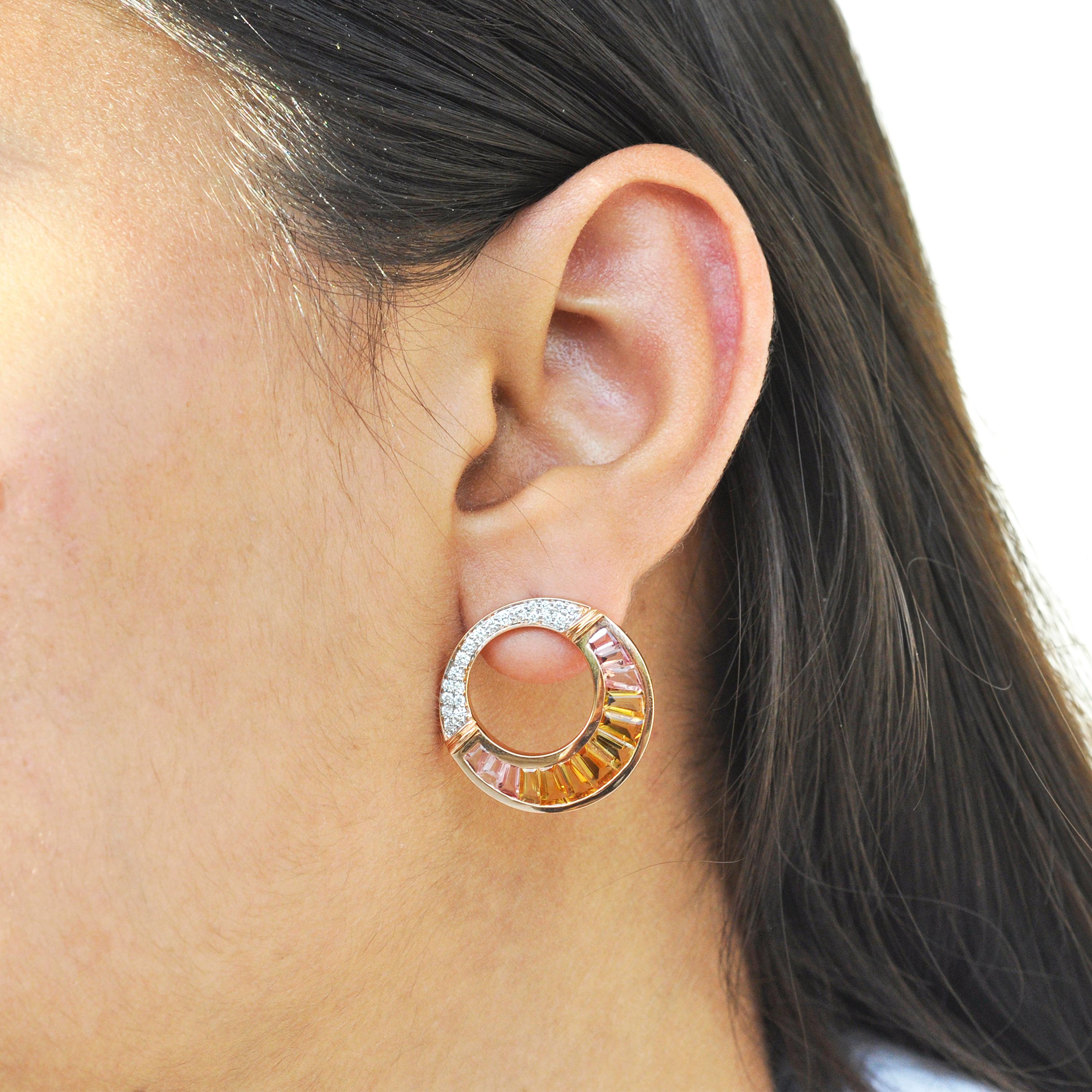18 Karat Rose Gold Citrine Peach Tourmaline Baguette Diamond Stud Earrings For Sale 1
