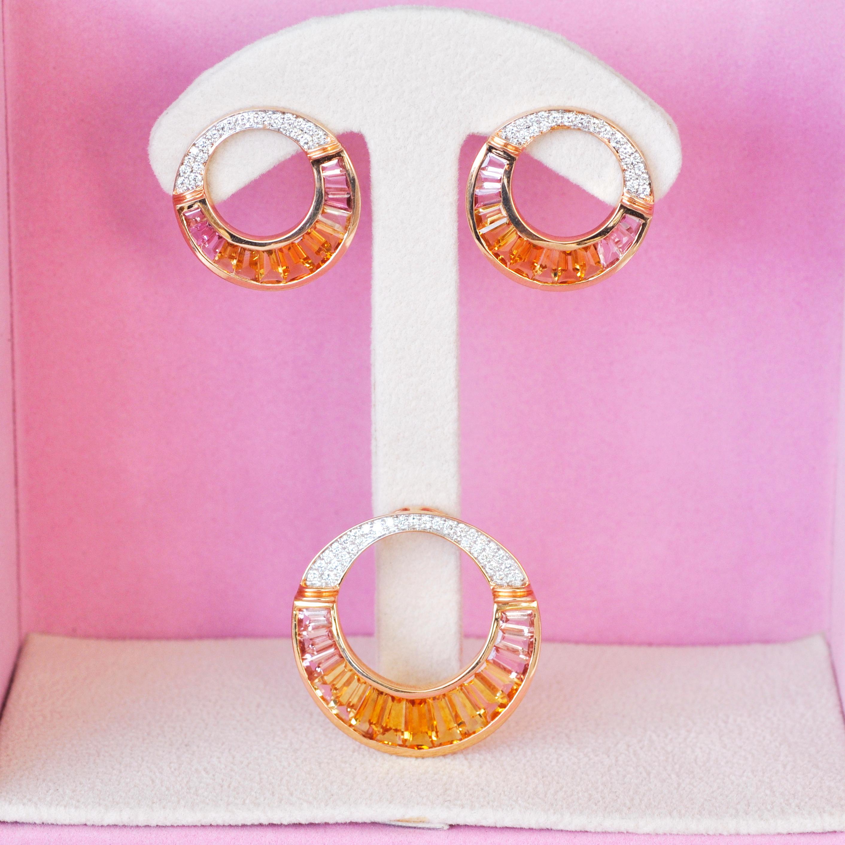 18 Karat Rose Gold Citrine Peach Tourmaline Baguette Diamond Stud Earrings For Sale 2