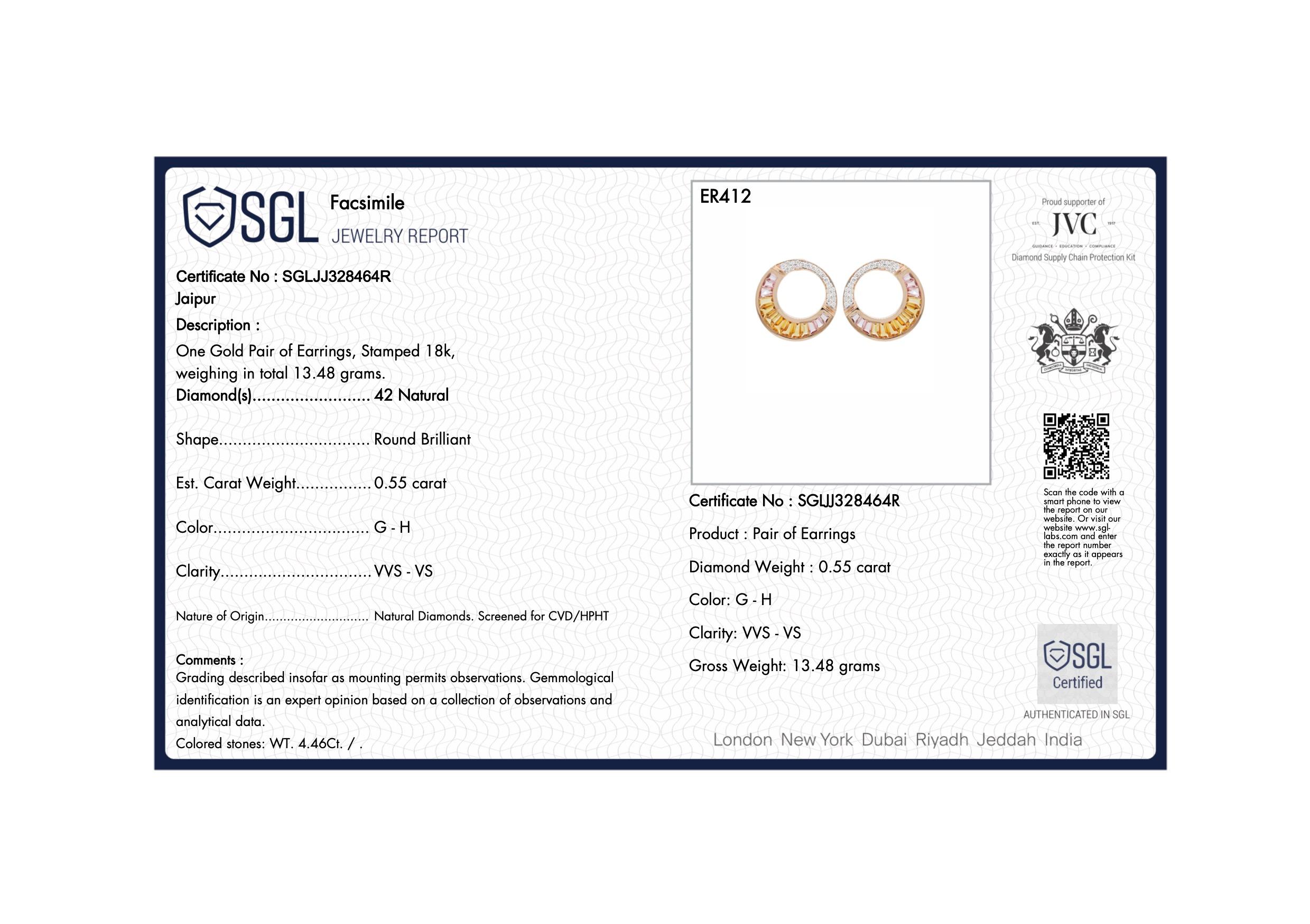 18 Karat Rose Gold Citrine Peach Tourmaline Baguette Diamond Stud Earrings For Sale 3