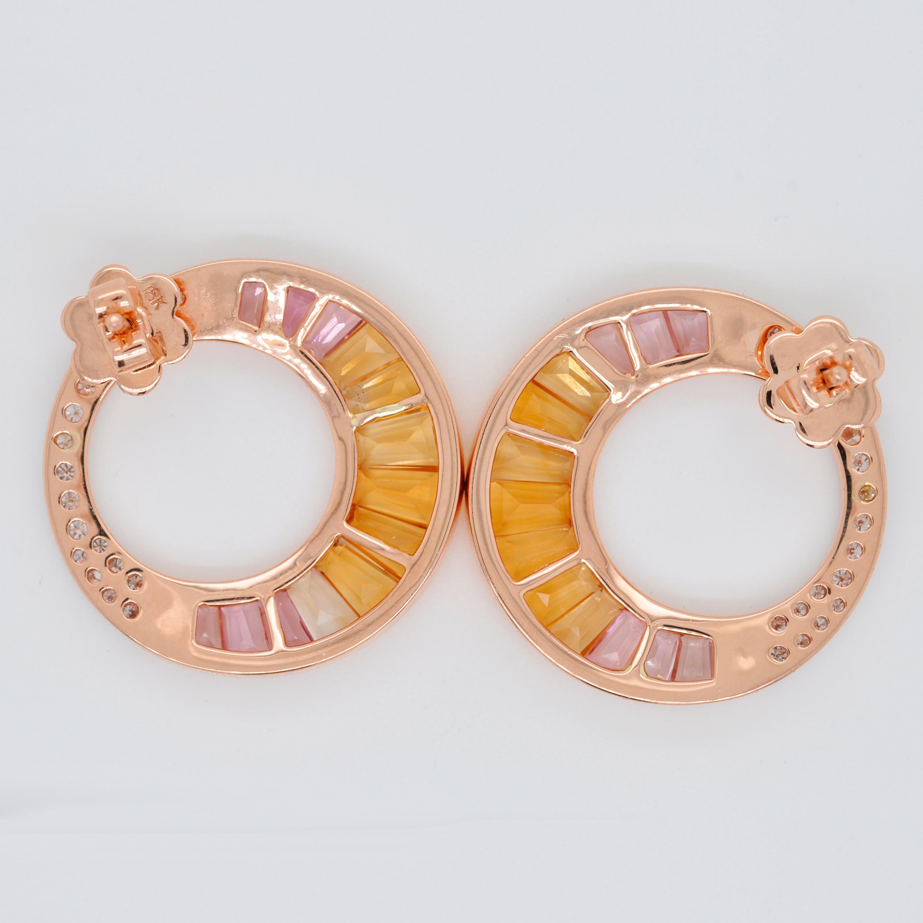 Contemporary 18 Karat Rose Gold Citrine Peach Tourmaline Baguette Diamond Stud Earrings For Sale