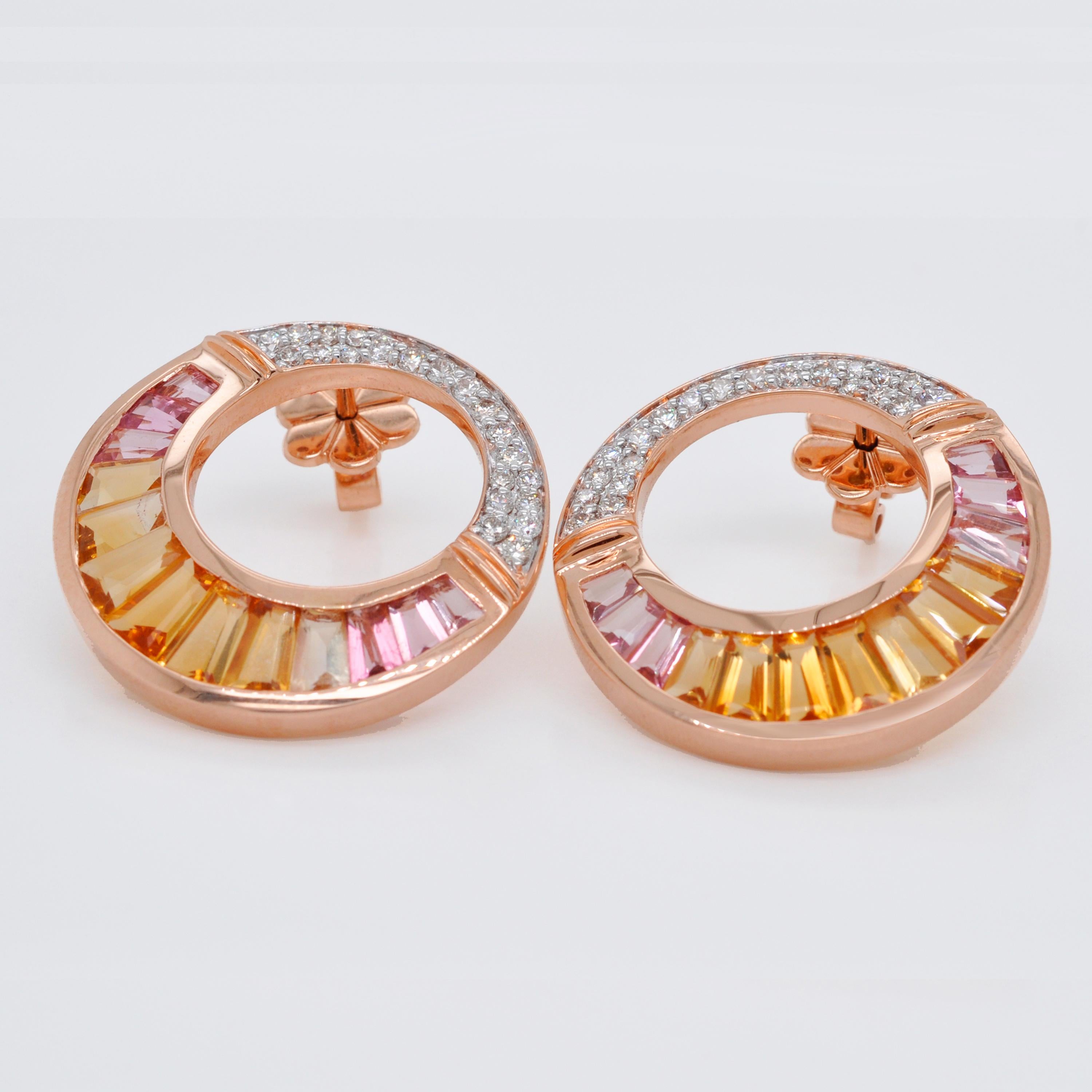 18 Karat Rose Gold Citrine Peach Tourmaline Baguette Diamond Stud Earrings In New Condition For Sale In Jaipur, Rajasthan