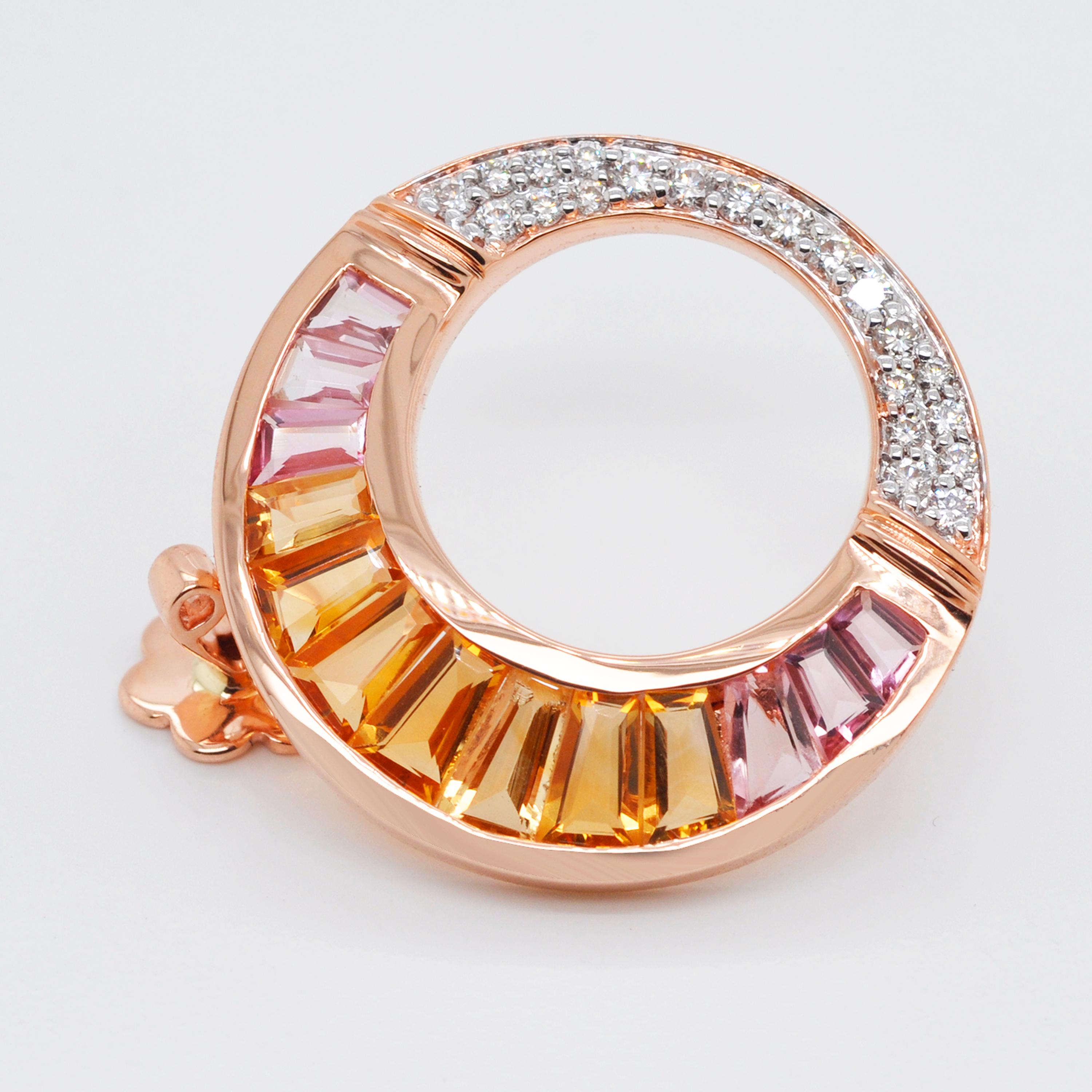 Women's 18 Karat Rose Gold Citrine Peach Tourmaline Baguette Diamond Stud Earrings For Sale