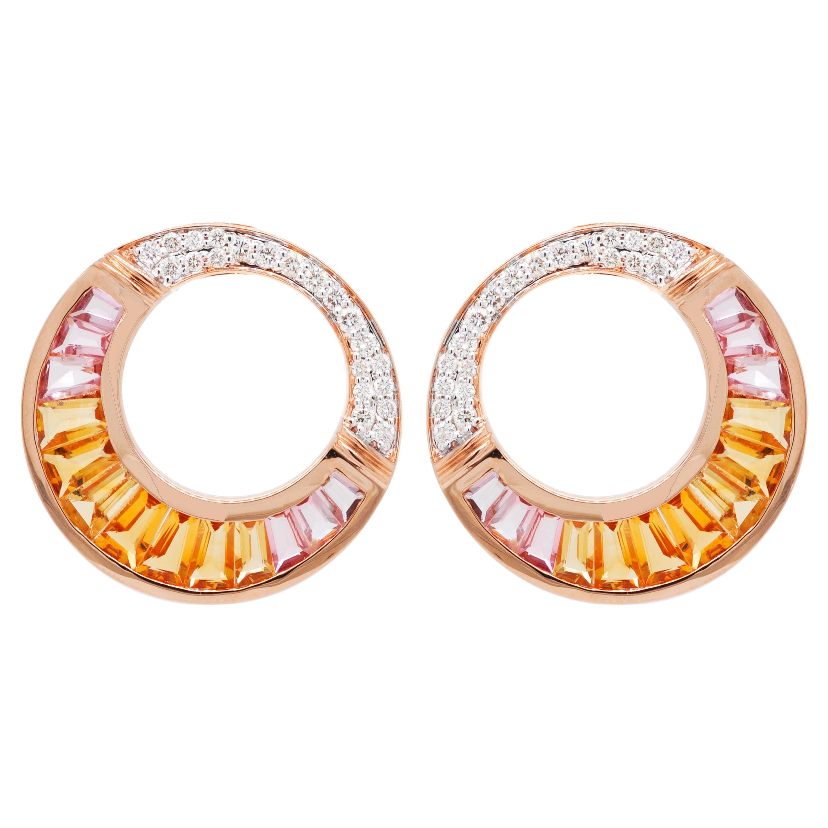 18 Karat Rose Gold Citrine Peach Tourmaline Baguette Diamond Stud Earrings