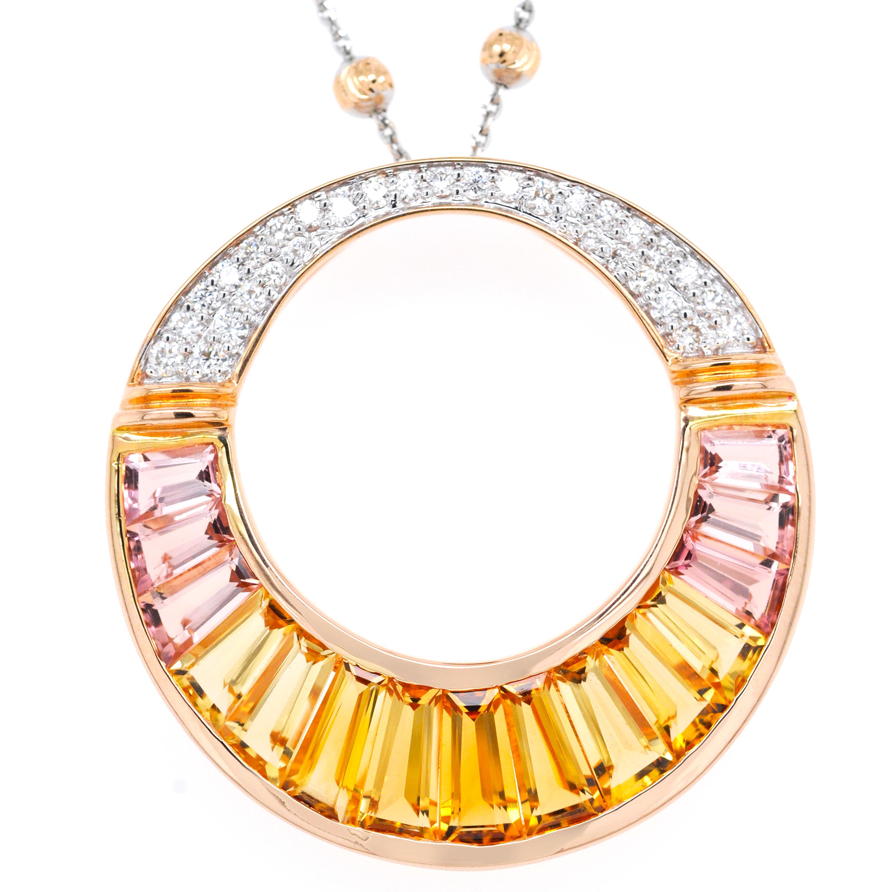 Tapered Baguette 18 Karat Rose Gold Citrine Peach Tourmaline Diamond Pendant Necklace Brooch For Sale