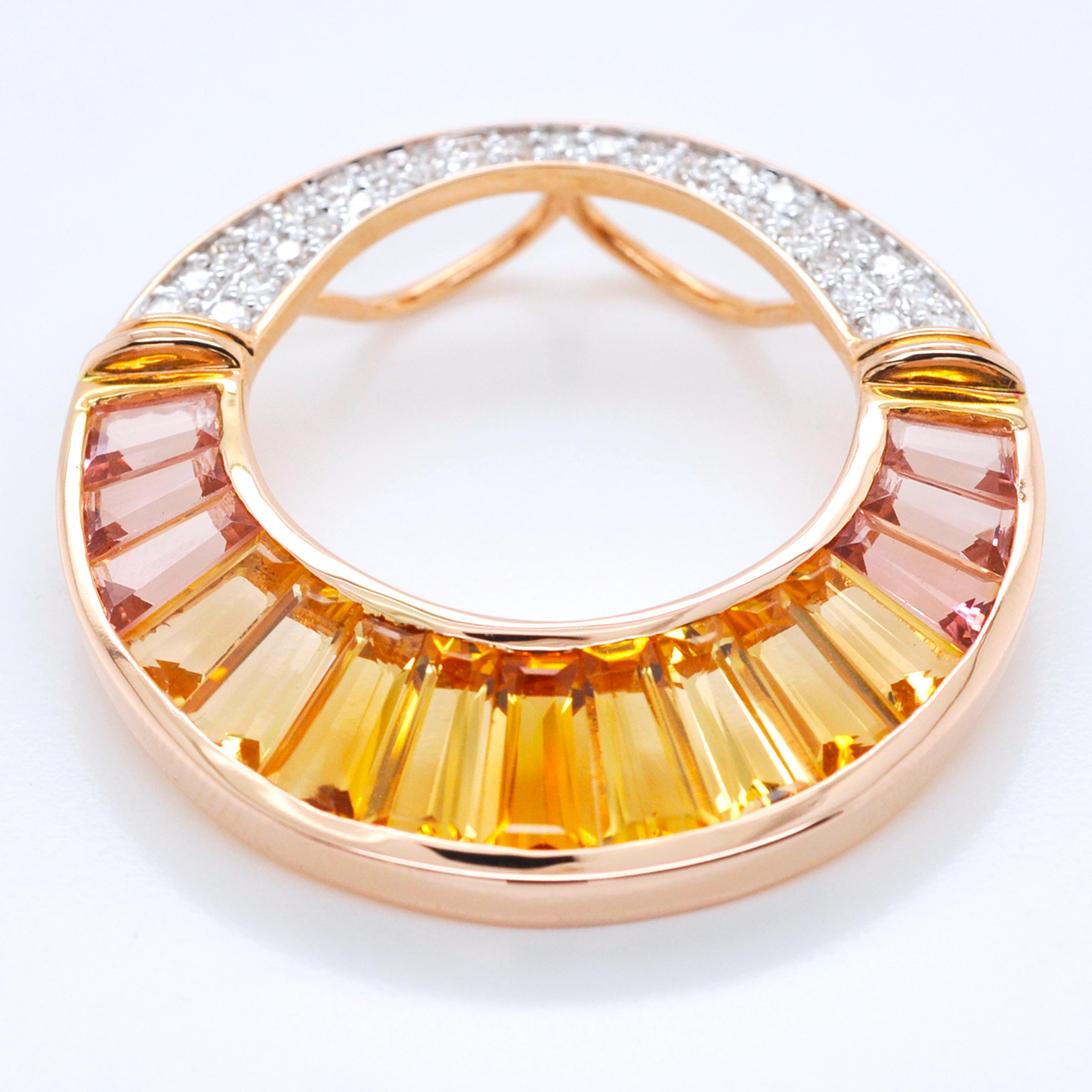 18 Karat Rose Gold Citrine Peach Tourmaline Diamond Pendant Necklace Brooch In New Condition For Sale In Jaipur, Rajasthan