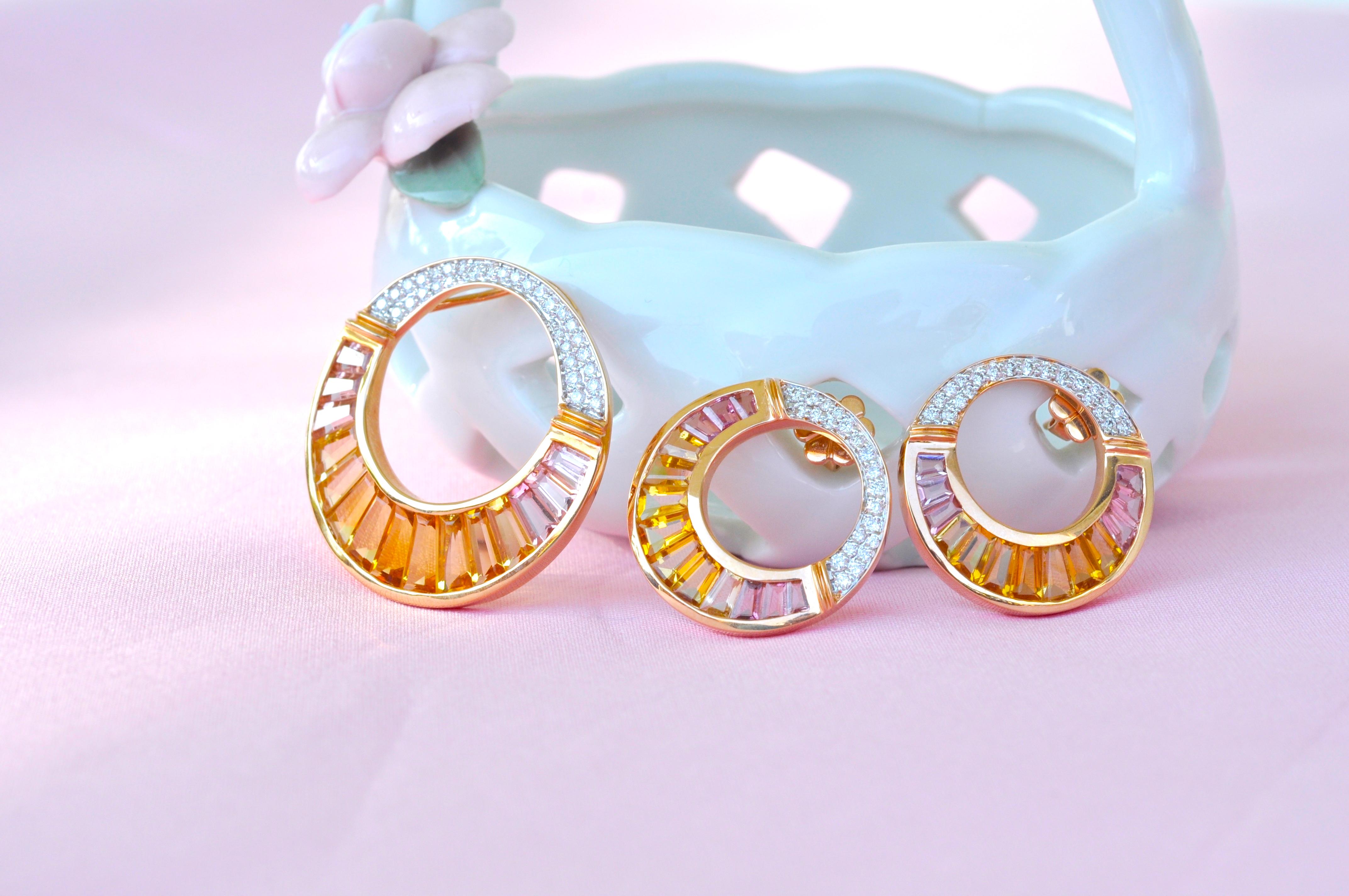 18 Karat Rose Gold Citrine Peach Tourmaline Diamond Pendant Necklace Brooch For Sale 4