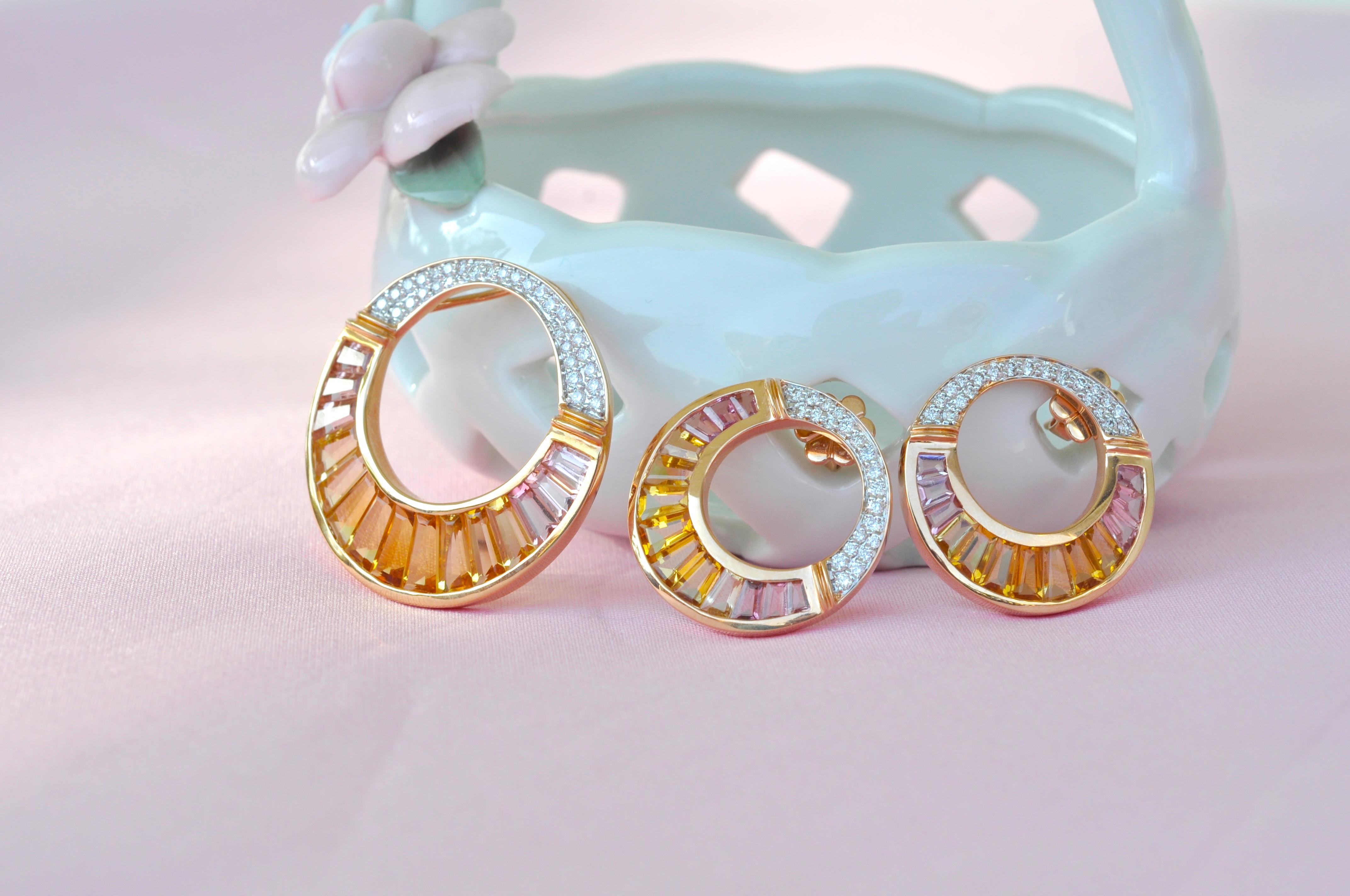 18 Karat Rose Gold Citrine Peach Tourmaline Diamond Pendant Necklace Earring Set For Sale 10