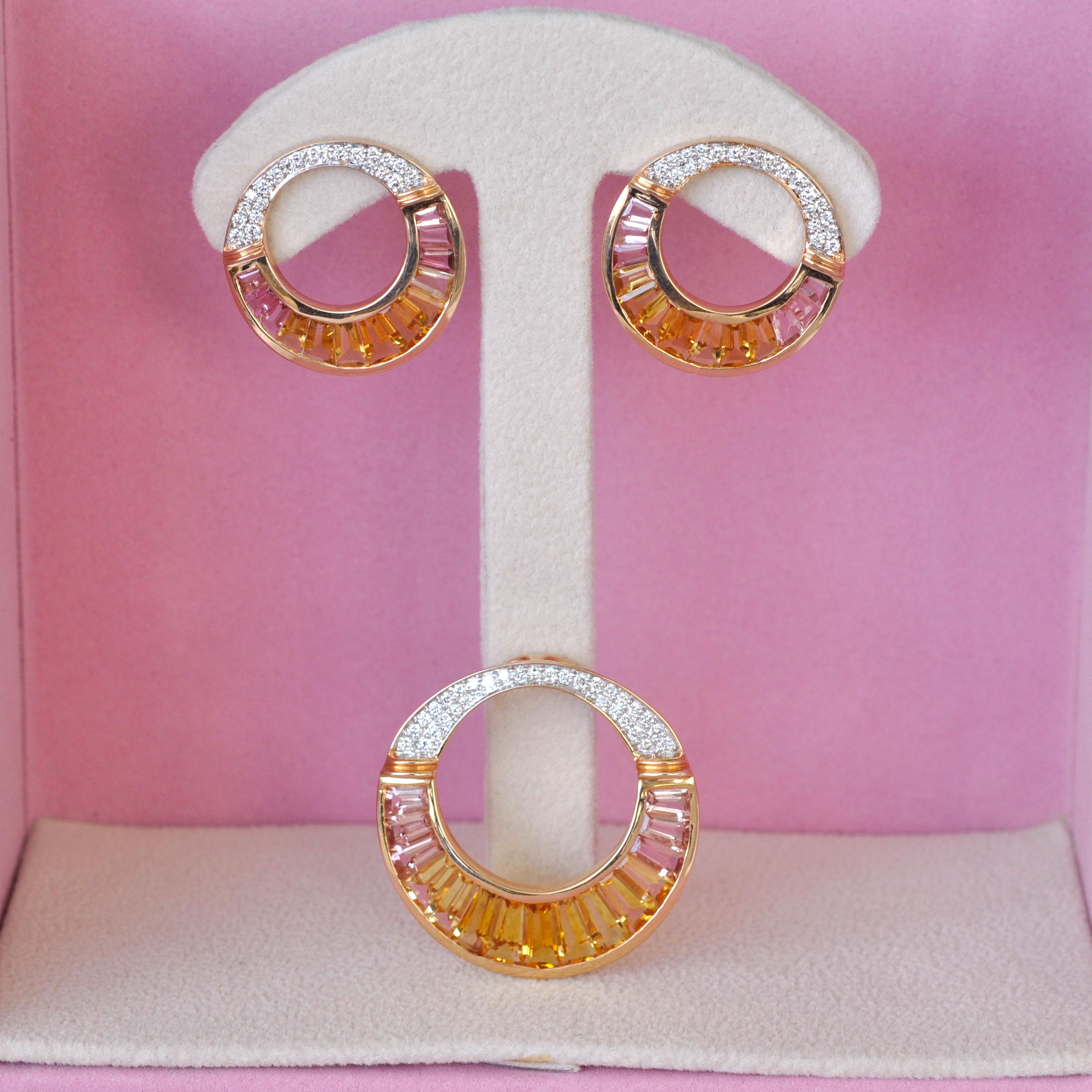 Tapered Baguette 18 Karat Rose Gold Citrine Peach Tourmaline Diamond Pendant Necklace Earring Set For Sale