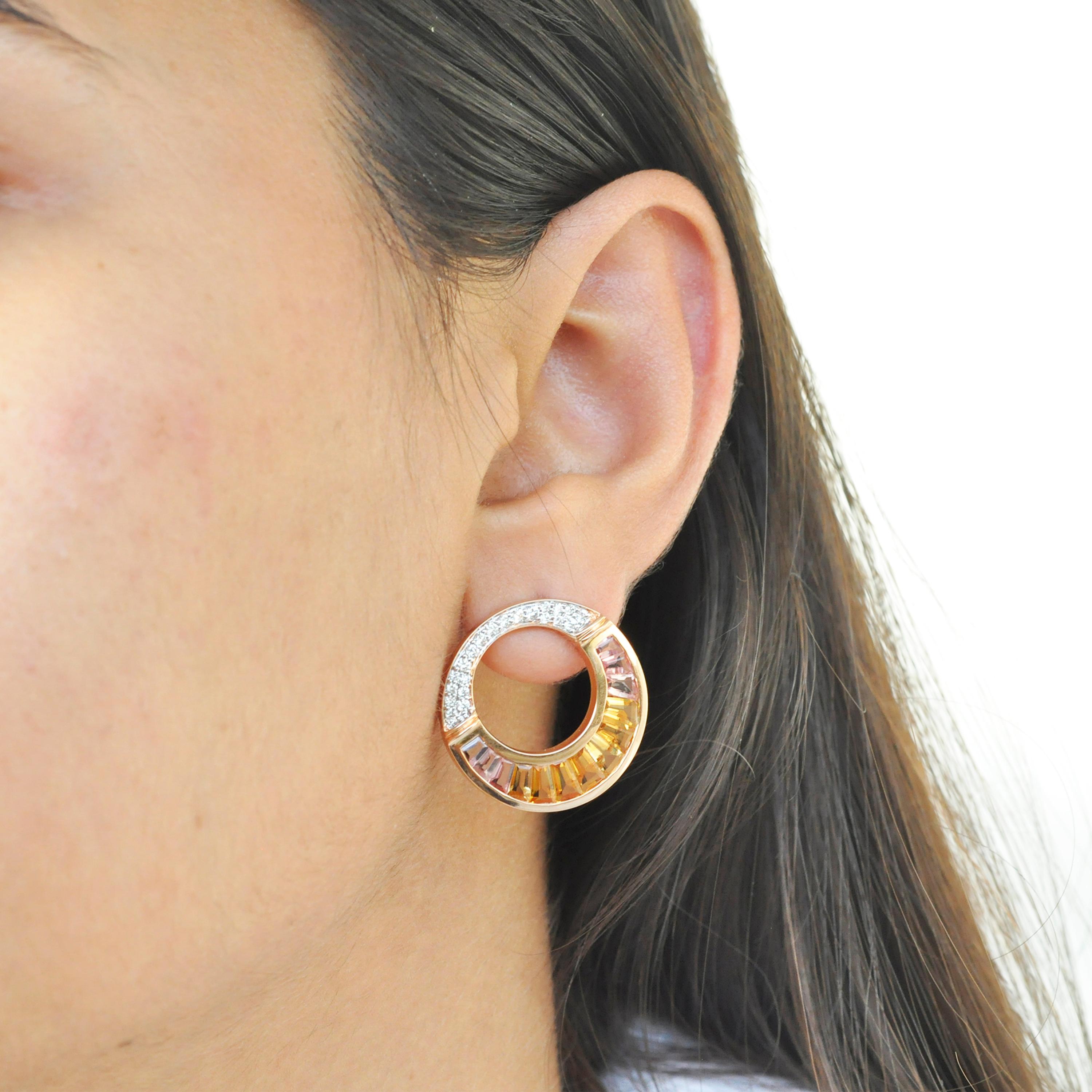 Contemporary 18 Karat Rose Gold Citrine Peach Tourmaline Diamond Pendant Necklace Earring Set For Sale