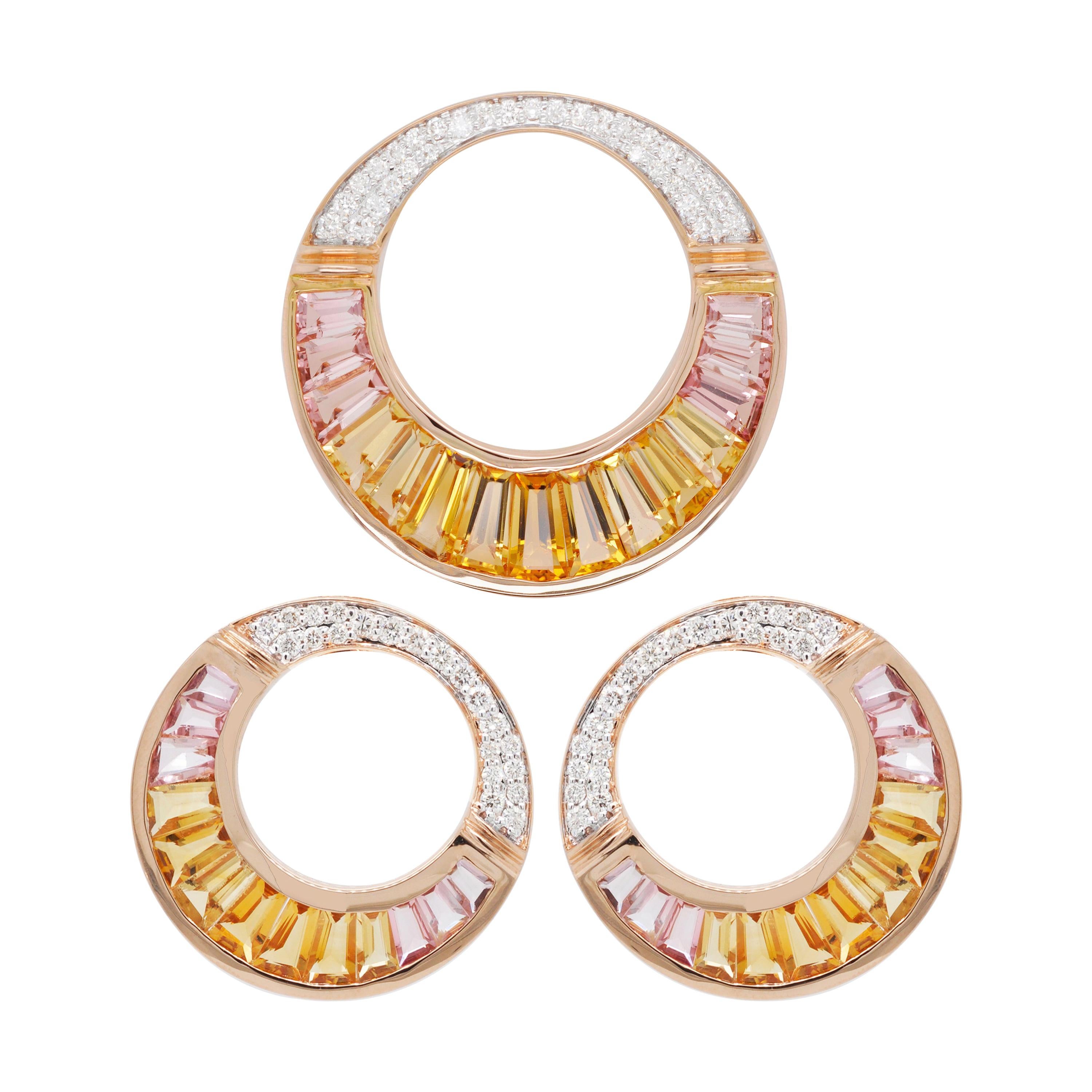 Ensemble collier et boucles d'oreilles en or rose 18 carats avec pendentif en citrine, tourmaline pêche et diamants