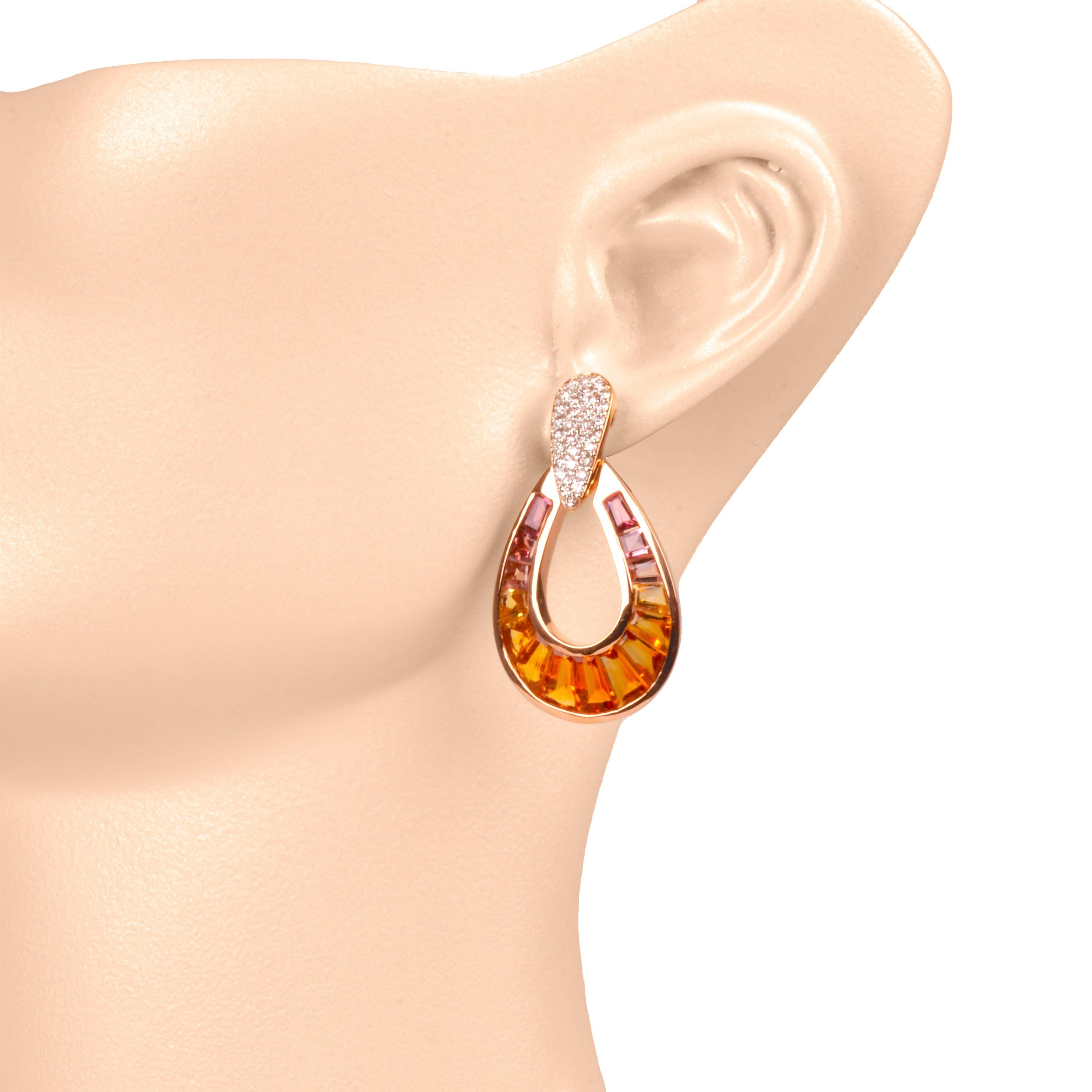 Contemporary 18 Karat Rose Gold Citrine Pink Tourmaline Baguette Diamond Pear-shape Earrings For Sale